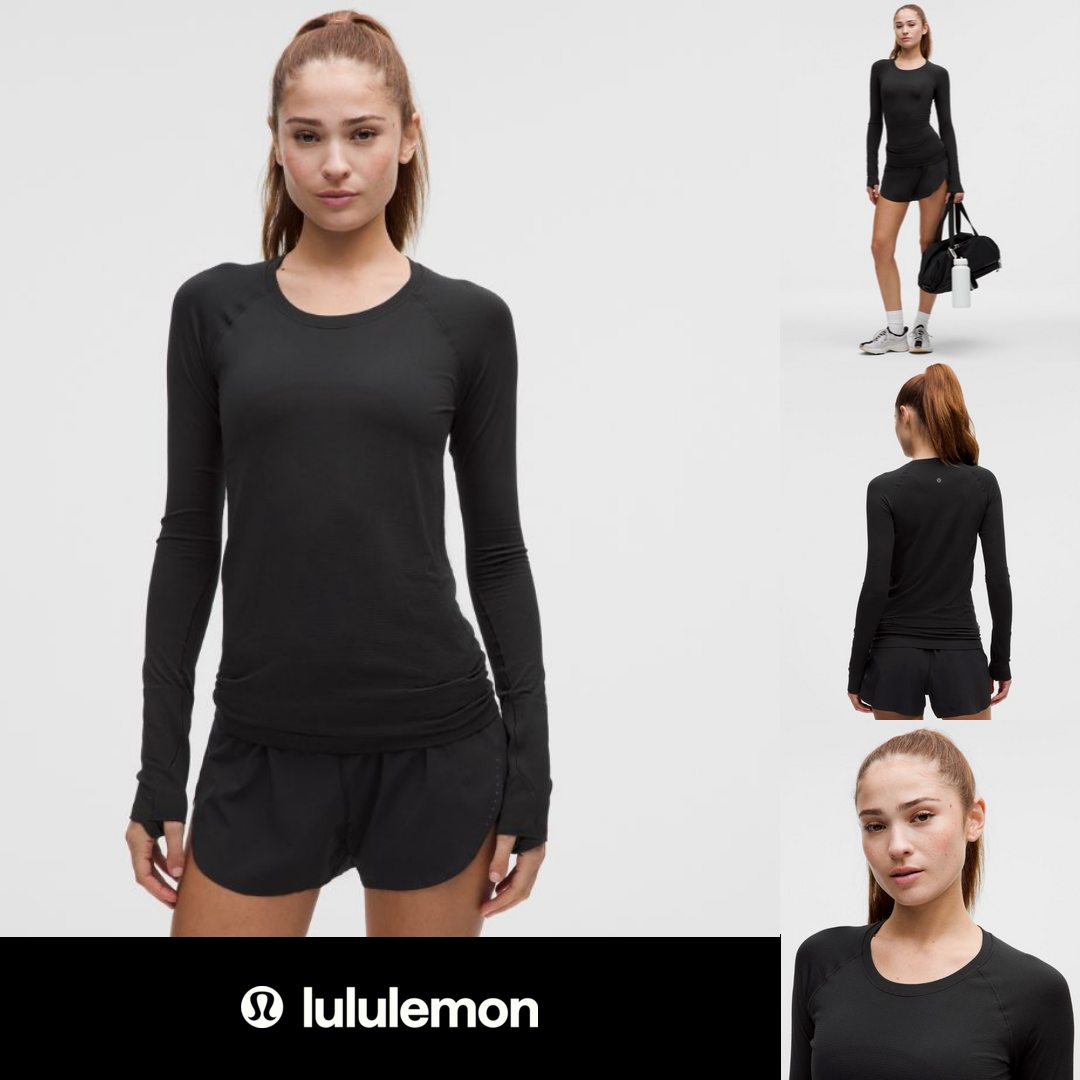 A collage of four images features a woman modeling a black long-sleeved athletic top and black shorts. The main image on the left shows her from the chest up, looking directly at the camera. The top right image shows her full body, standing with a gym bag and water bottle. The bottom right image shows her from the back. The bottom right image shows a close-up of her face. The Lululemon logo is visible at the bottom of the main image.