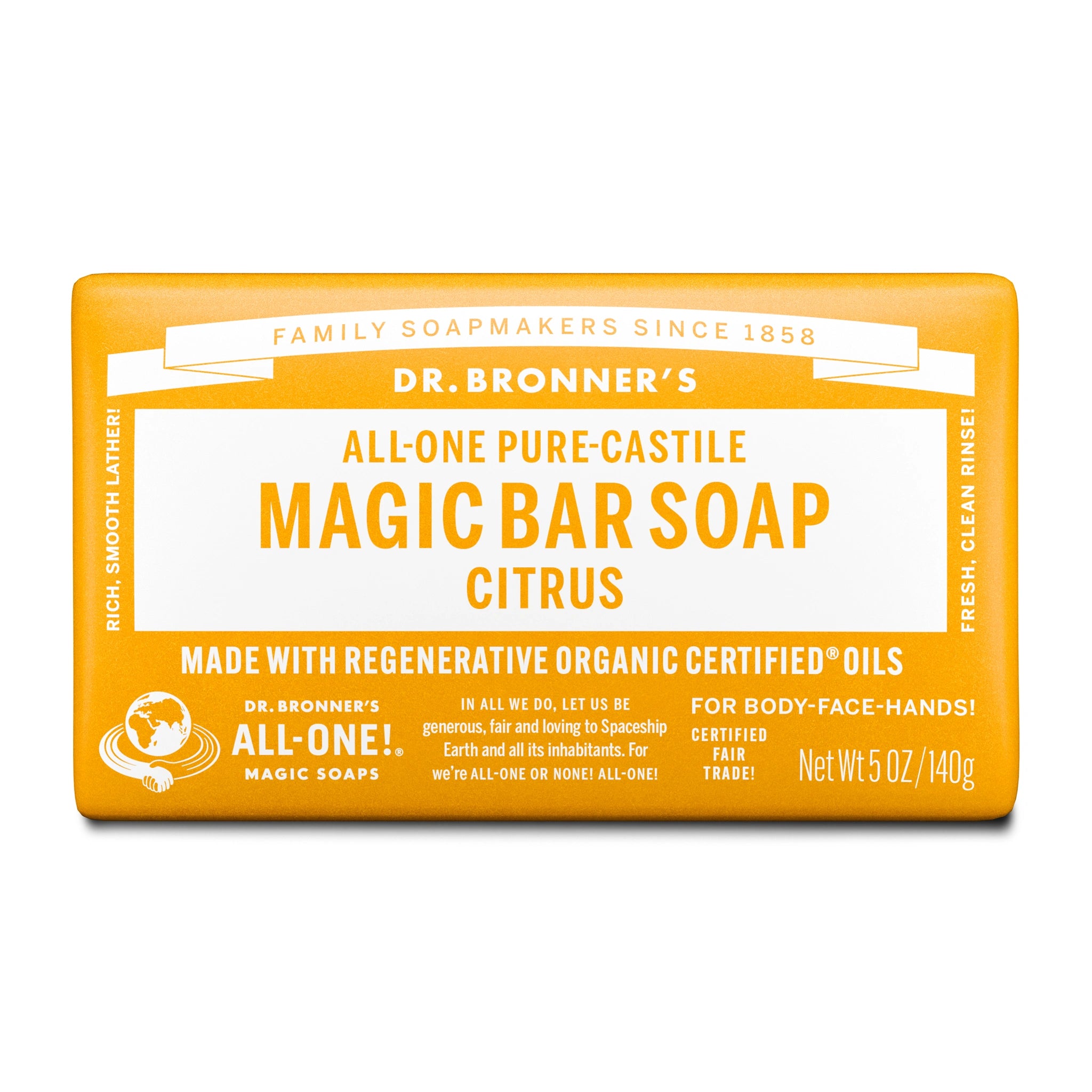 A bright yellow bar of Dr. Bronner's Magic Bar Soap is shown against a white background. The soap has text printed on its surface in white and orange. The text includes "FAMILY SOAPMAKERS SINCE 1858", "DR. BRONNER'S", "ALL-ONE PURE-CASTILE MAGIC BAR SOAP CITRUS", and "MADE WITH REGENERATIVE ORGANIC CERTIFIED® OILS". Additional text on the sides reads "RICH, SMOOTH LATHER!" and "FRESH, CLEAN RINSE!". The bottom of the soap also has text about being "FOR BODY-FACE-HANDS!" and "CERTIFIED FAIR TRADE!" along with the net weight.