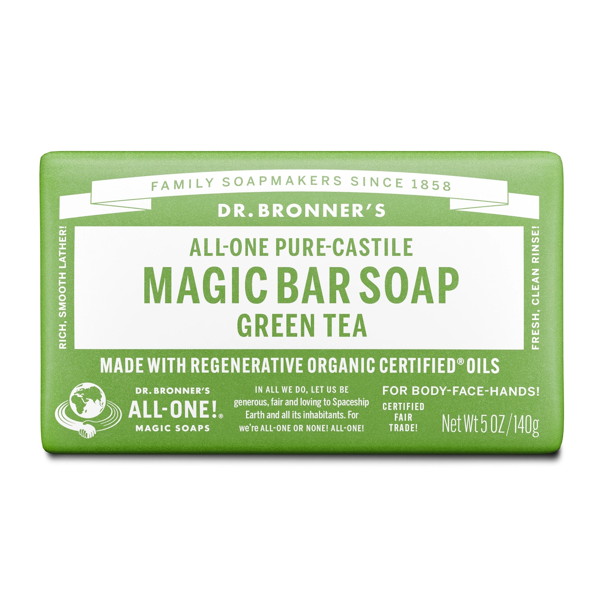 A product shot of a green bar of Dr. Bronner's Magic Bar Soap in Green Tea scent. The packaging is predominantly green with white text. The text on the packaging highlights "FAMILY SOAPMAKERS SINCE 1858", "DR. BRONNER'S", "ALL-ONE PURE-CASTILE MAGIC BAR SOAP GREEN TEA", and "MADE WITH REGENERATIVE ORGANIC CERTIFIED® OILS". There are also smaller text details about the brand's philosophy and "CERTIFIED FAIR TRADE!". The hook text "Experience Dr. Bronner’s genuine scents in your next shower" is overlaid on the image.
