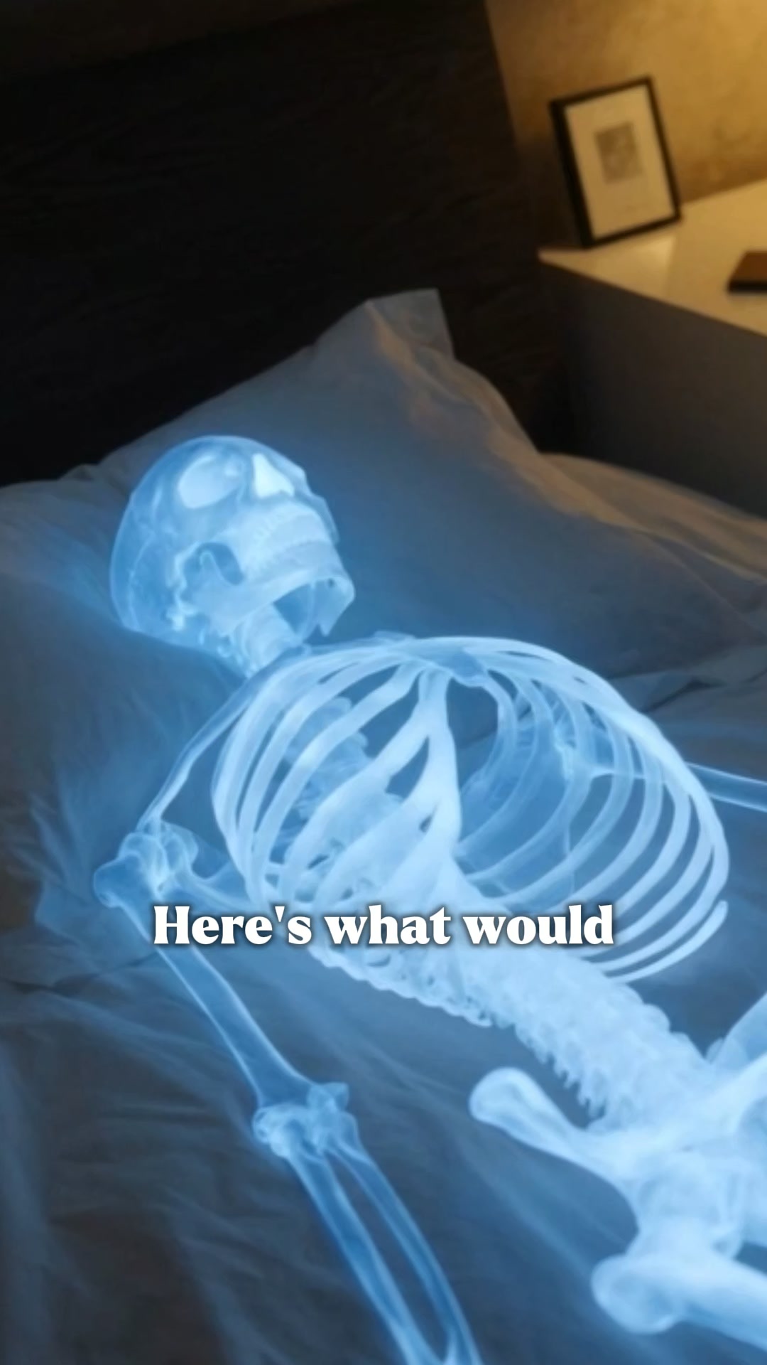 A glowing, translucent blue skeleton is lying on a bed with white sheets. The skeleton is positioned as if it is resting or sleeping. White text is overlaid on the image, reading "Here's what would". The background is dark, with a framed picture visible on a nightstand to the right.