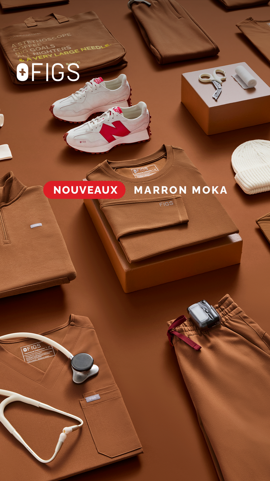 The image displays a collection of brown medical scrubs and accessories, including a stethoscope, pants, a quarter-zip top, and a waffle-knit shirt. White sneakers and a brown tote bag with text are also visible. Overlayed on the image are the words "NOUVEAUX MARRON MOKA" in large white font, with "NOUVEAUX" in a red oval shape. The overall aesthetic is clean and organized, showcasing the product in a visually appealing arrangement.