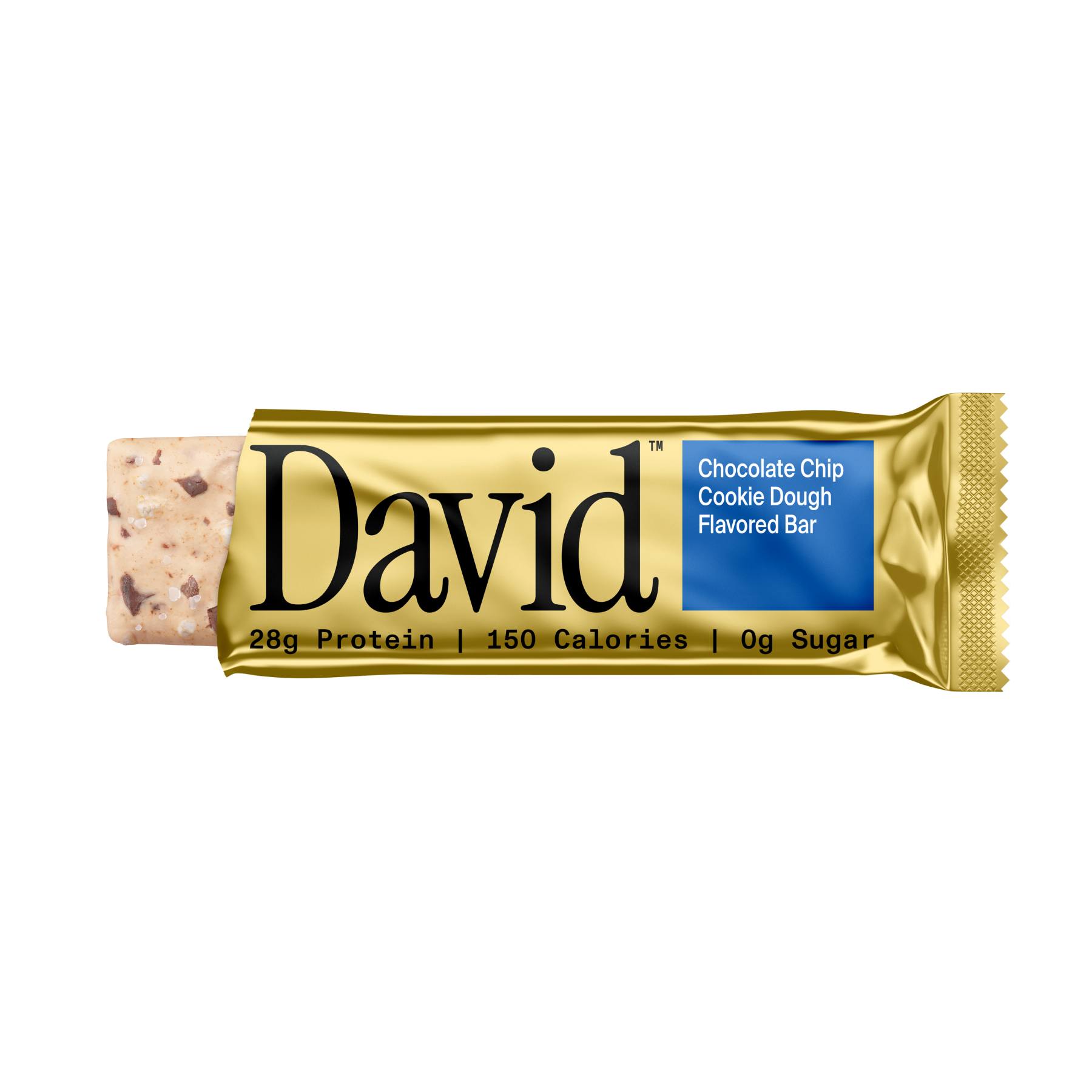 A golden-wrapped protein bar is shown against a white background. The bar is partially unwrapped, revealing the cookie dough-flavored interior with chocolate chips and chunks. Text on the wrapper reads "David" in large black font, followed by "28g Protein | 150 Calories | 0g Sugar" and "Chocolate Chip Cookie Dough Flavored Bar" in a blue rectangle. The hook "A smarter snack for your errands without the sugar crash." is overlaid on the image.