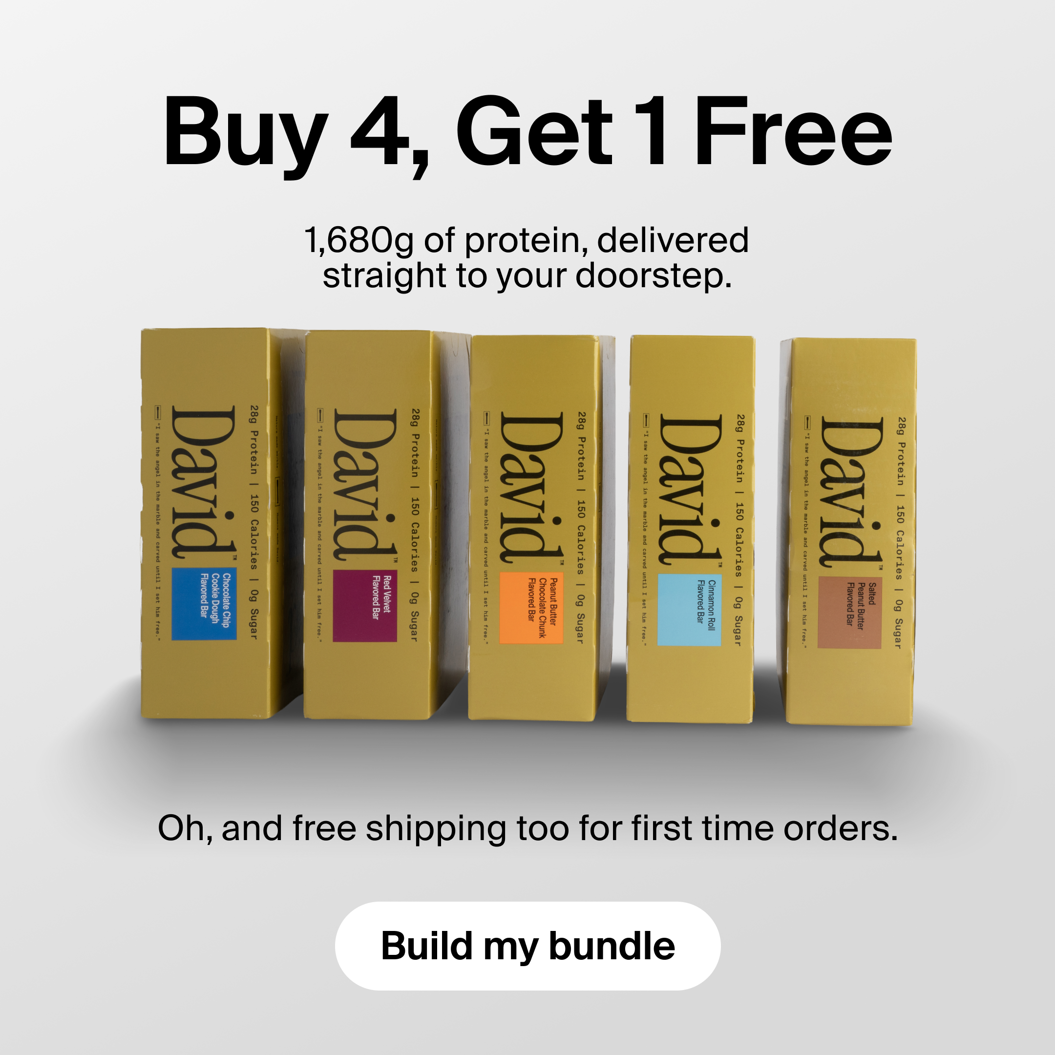 The creative features five yellow boxes of protein bars arranged in a row against a white background. The headline "Buy 4, Get 1 Free" is displayed prominently at the top in large black text. Below the headline, smaller text reads "1,680g of protein, delivered straight to your doorstep." The bottom of the image shows the text "Oh, and free shipping too for first time orders." with a button that says "Build my bundle."