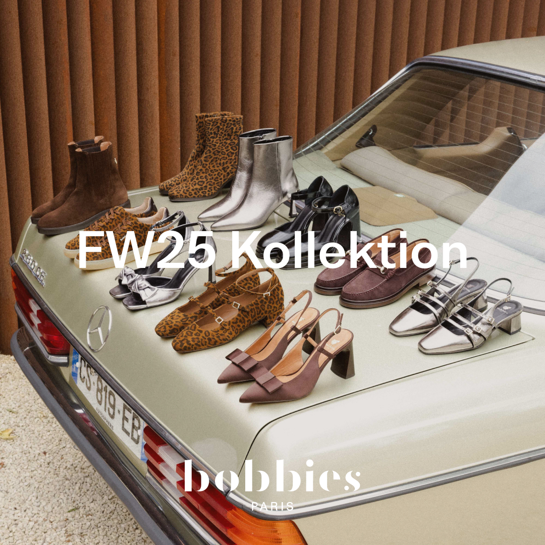 A collection of various shoes, including boots, heels, and loafers, are artfully arranged on the trunk of a vintage car. The shoes feature diverse materials like suede, satin, and leather, with patterns such as leopard print and metallic finishes. Overlaying the image is the text "FW25 Kollektion" in large white font, followed by the "bobbies PARIS" logo at the bottom.