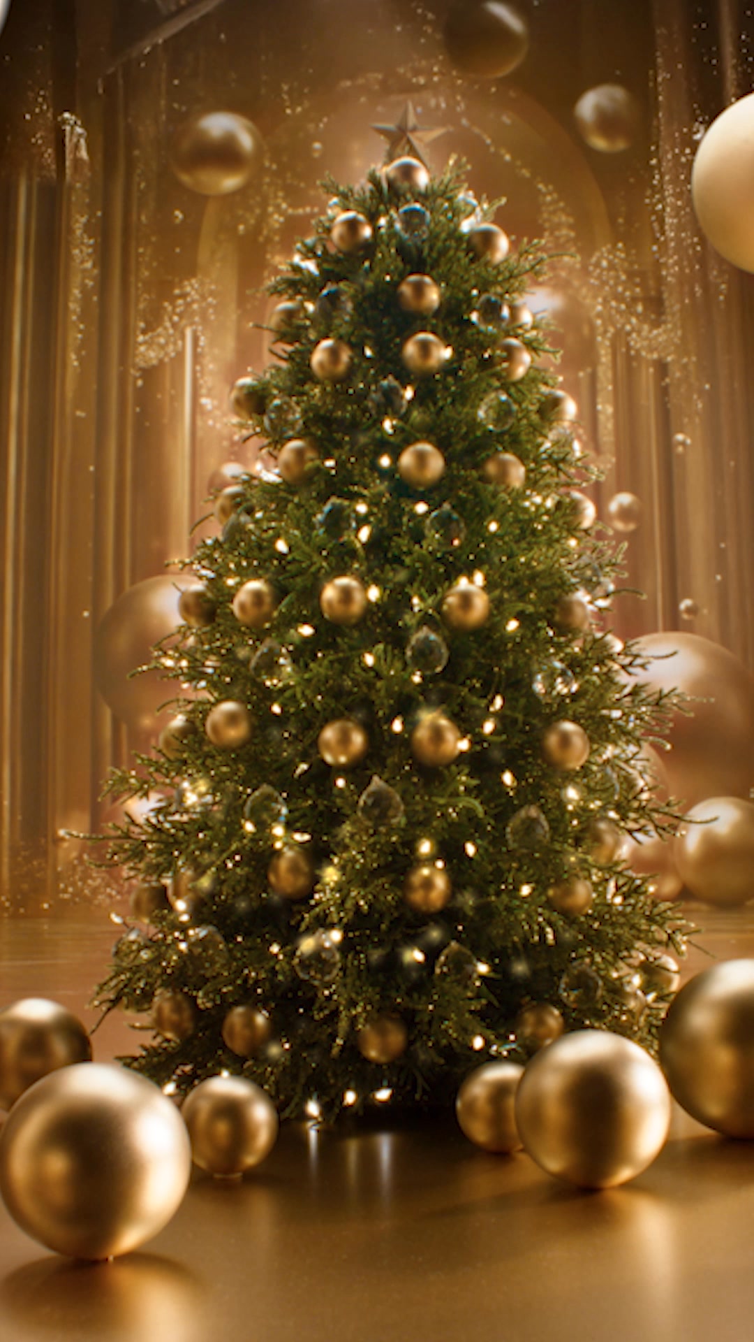 A beautifully decorated Christmas tree with golden ornaments and twinkling lights is showcased. The background features soft, golden curtains and scattered golden baubles, creating a festive and elegant atmosphere. Overlayed text in Spanish reads 'Comparte la belleza de la Navidad con Intimissimi. Descubre la nueva colección en tiendas y online.' The overall impression is one of holiday luxury and gifting.