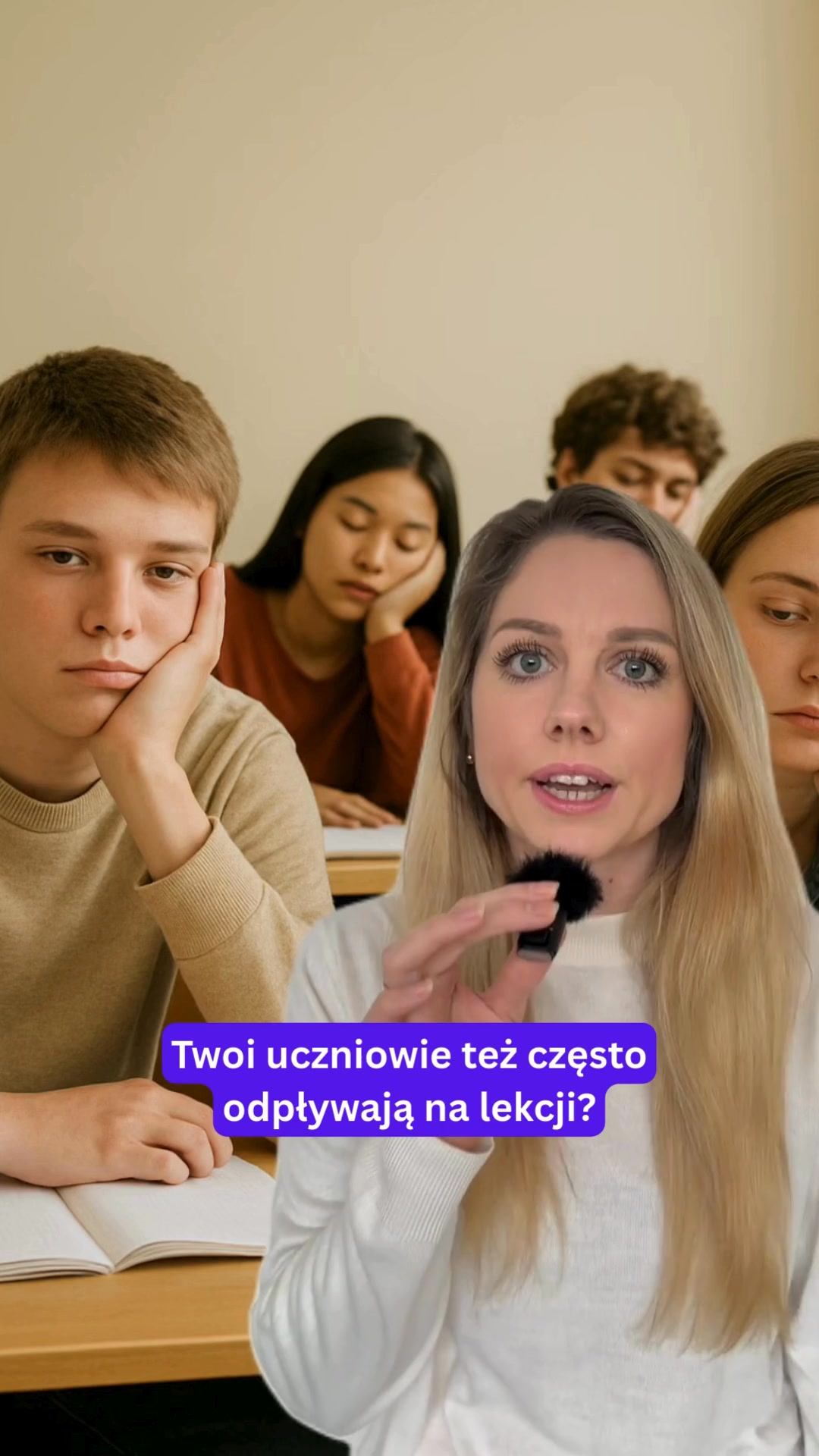 A woman is speaking to the camera in the foreground, with a group of bored-looking students in the background. The students are sitting at desks in a classroom, with some of them appearing to be asleep or disengaged. Text overlay on the image reads: "Twoi uczniowie też często odpływają na lekcji?" which translates to "Do your students often drift off during class too?"