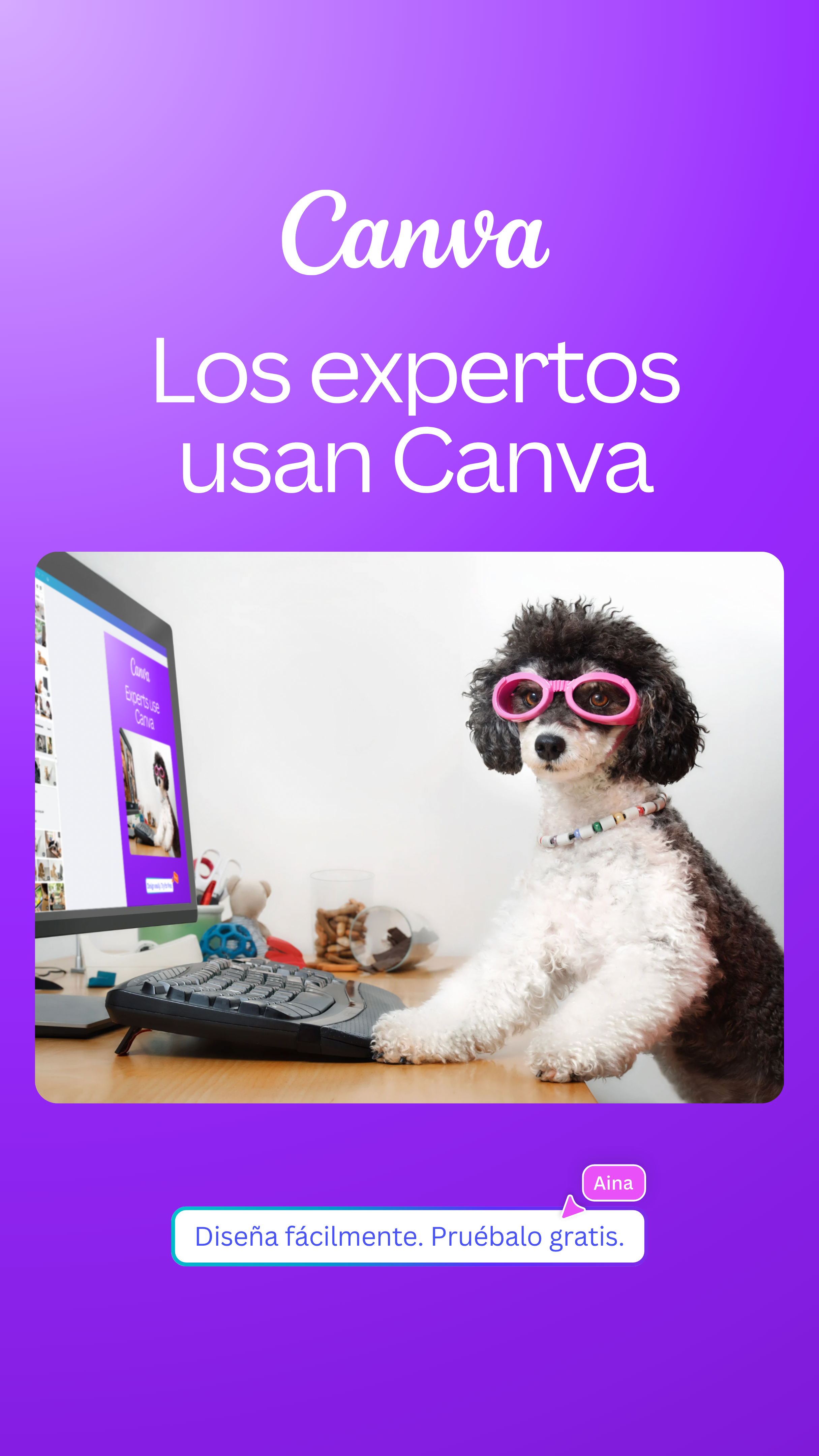 A poodle wearing pink glasses sits at a desk in front of a computer. The computer screen displays the Canva interface, showing a design with a dog wearing glasses. The background is a solid purple gradient. Text on the screen reads "Canva" and "Los expertos usan Canva." Below the image, a speech bubble contains the text "Aina" and another speech bubble says "Diseña fácilmente. Pruébalo gratis." The hook is a question asking why the viewer wouldn't use Canva if experts do.