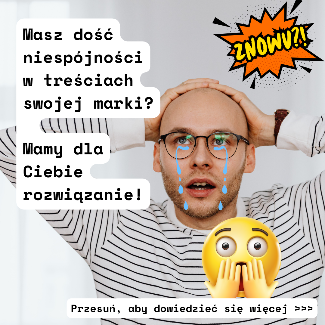 A man with his hands on his head, looking distressed, with cartoon tears streaming from his eyes and a shocked emoji covering its mouth. Text overlays ask if the viewer is tired of brand inconsistency and offers a solution. A comic-style "ZNOWU?!" (AGAIN?!) graphic is in the top right corner, and a "Swipe to learn more >>>" text is at the bottom. The overall tone is one of frustration and a plea for help with content creation.