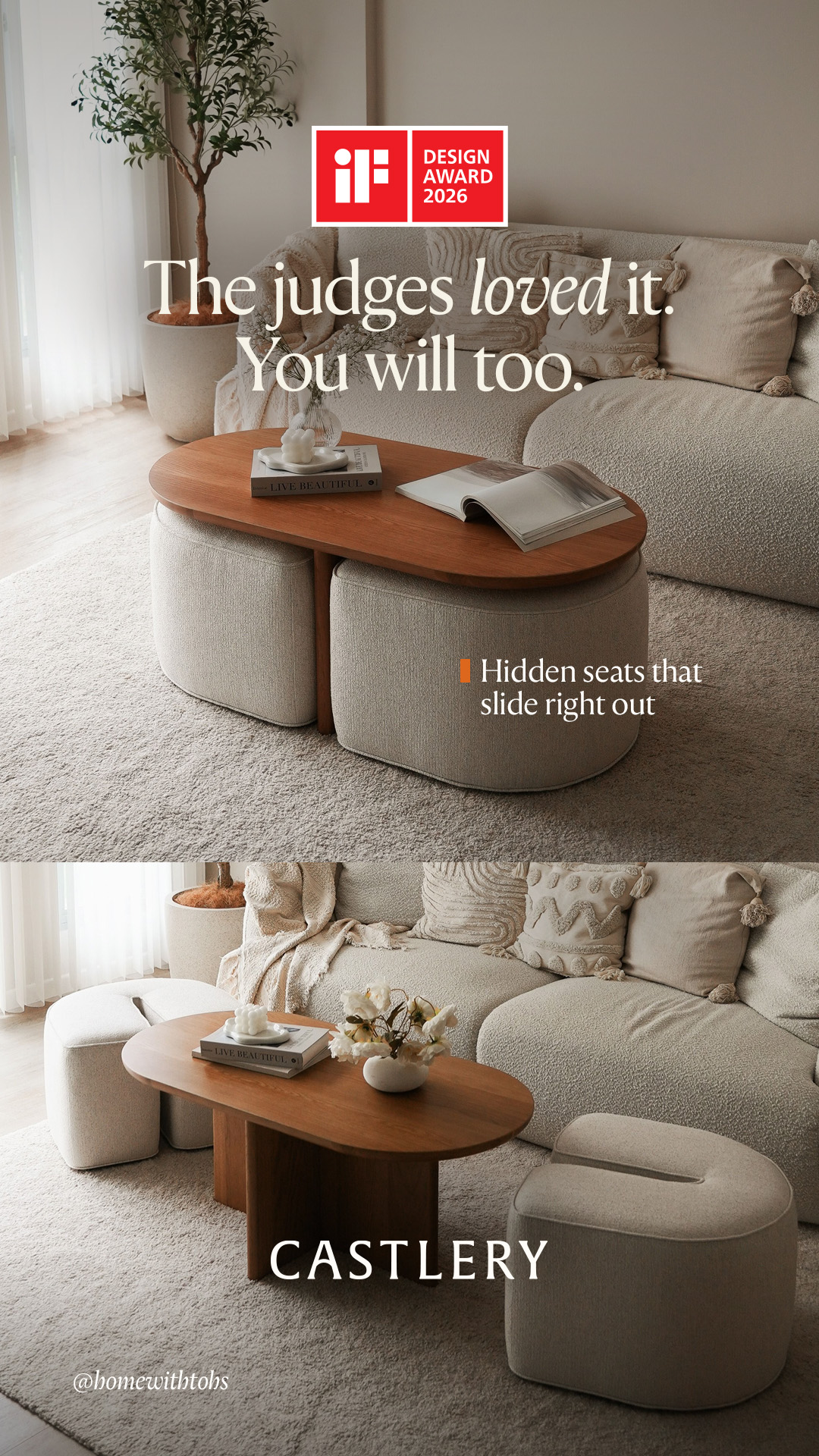 The creative features a stylish living room with a modern sofa and an oval-shaped coffee table. The coffee table has hidden ottomans that slide out, as indicated by the text overlay "Hidden seats that slide right out." The top portion of the image includes an "iF DESIGN AWARD 2026" badge. The bottom portion displays the brand name "CASTLERY" and a social media handle "@homewithtobs." The overall aesthetic is clean, minimalist, and aspirational, highlighting the innovative design of the furniture.