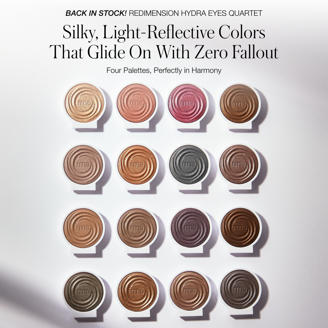 A grid of 16 eyeshadow palettes is displayed against a white background. The palettes are arranged in four rows and four columns, with each palette featuring a swirling embossed pattern. The text "BACK IN STOCK! REDIMENSION HYDRA EYES QUARTET" is prominently displayed at the top, followed by "Silky, Light-Reflective Colors That Glide On With Zero Fallout" and "Four Palettes, Perfectly in Harmony." The overall presentation highlights the product's aesthetic and key features.