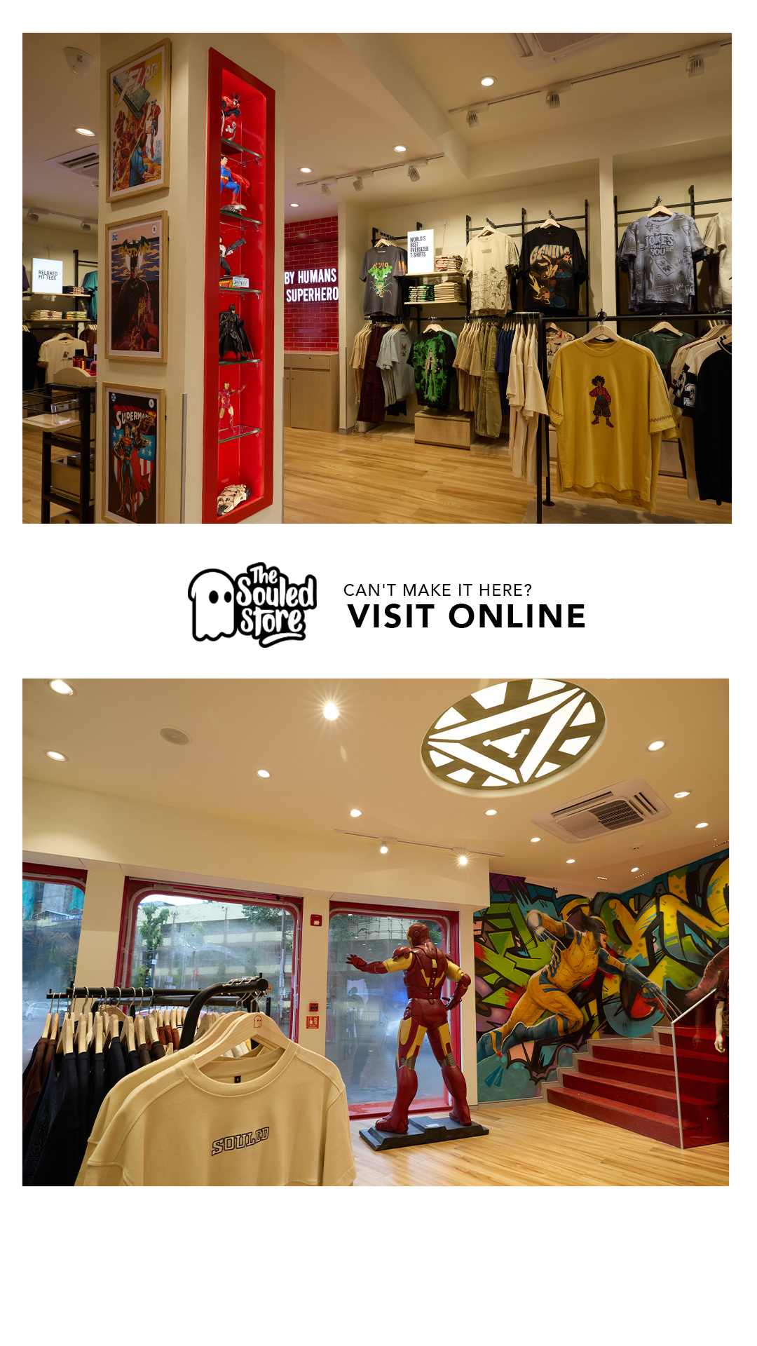 The creative showcases the interior of a retail store filled with merchandise, including graphic t-shirts and superhero figurines. The top portion features a display of framed comic book art and a red shelf with action figures. The bottom portion displays clothing racks with t-shirts and a life-sized statue of Iron Man. Overlay text reads "Your favorite store, now just a click away! Shop The Souled Store online." and includes the store's logo.