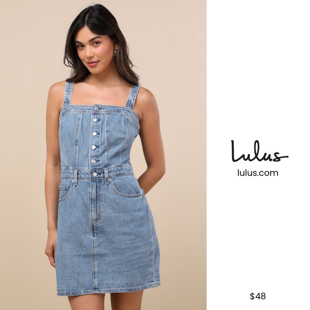 A woman models a light wash denim mini dress with a square neckline and button-front detail. The dress has adjustable straps and functional pockets. The background is a plain, light beige. To the right of the model, the Lulus logo and website are displayed, along with the price '$48'. The on-screen text reads: 'Dresses made for raising a glass and making memories.'