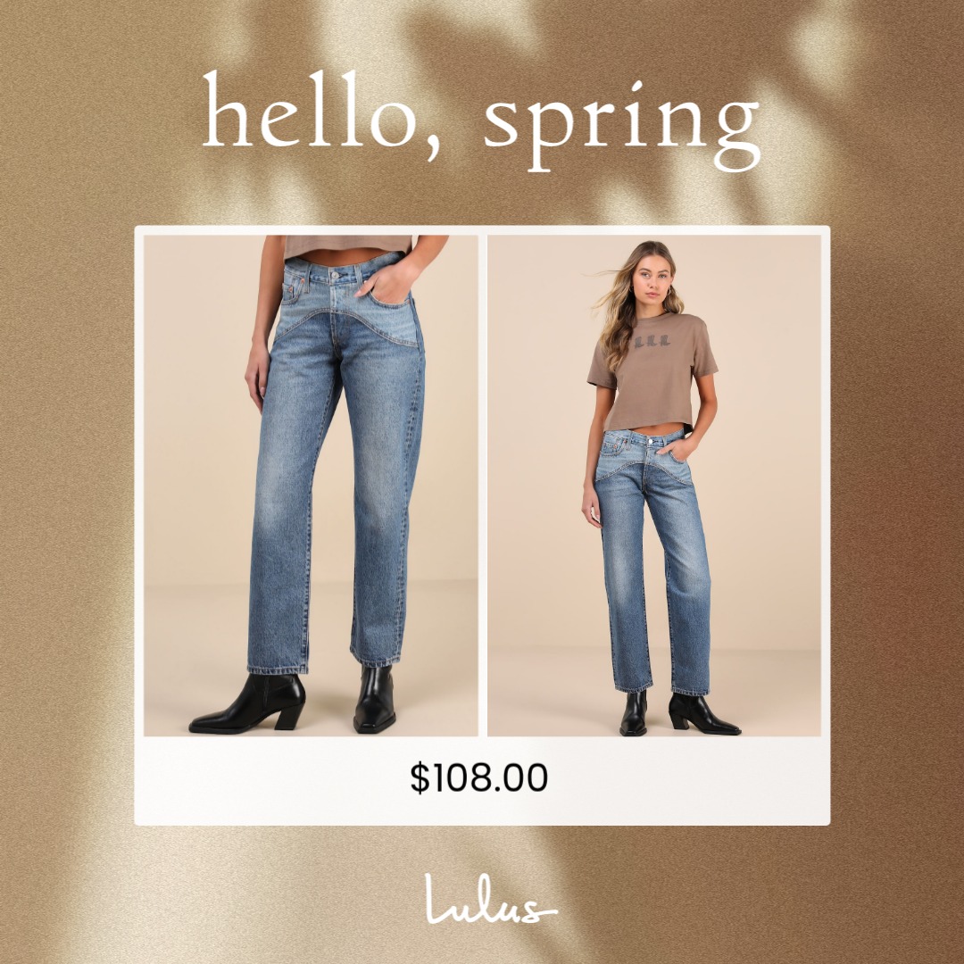 The creative features a textured, golden background with the text "hello, spring" in white, elegant font at the top. Below this, a split image showcases two views of a woman wearing light-wash, high-waisted jeans and a cropped taupe t-shirt. The left side shows a close-up of the jeans, while the right side displays the full outfit, including black ankle boots. The price "$108.00" is displayed below the images, and the Lulus logo is at the bottom.