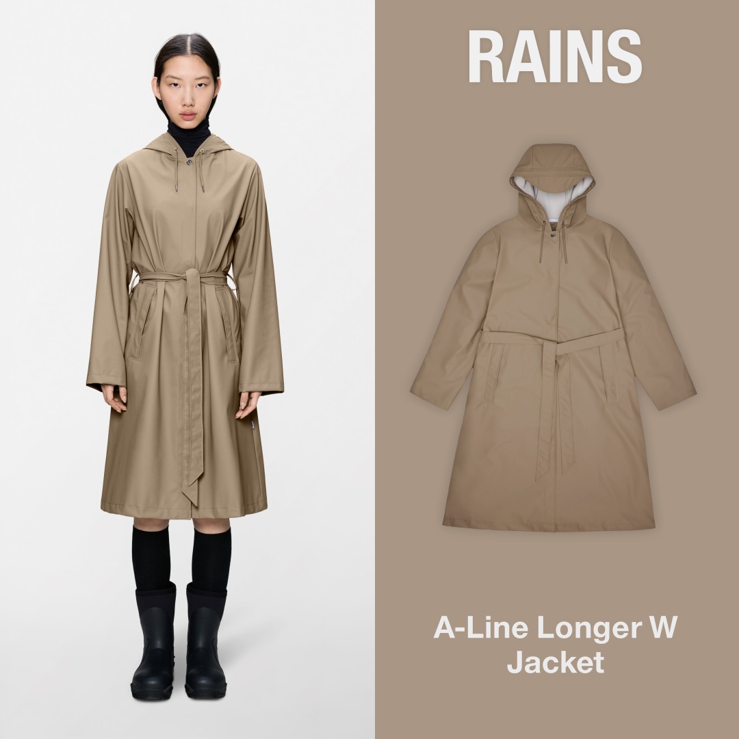 A split image shows a woman wearing a beige trench coat on the left and the same coat displayed flat on the right. The text "RAINS" is displayed in large white letters at the top of the right side. Below the coat on the right, the text "A-Line Longer W Jacket" is presented, serving as the hook. The woman is wearing black boots and black socks, and the coat is belted at the waist.