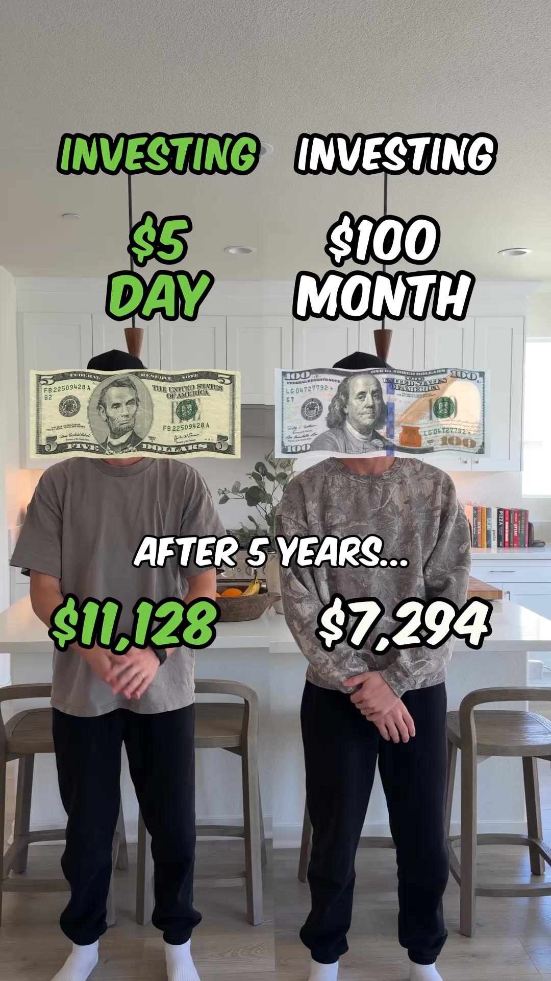 The creative is split into two halves, showing two individuals standing in a kitchen. On the left, a person is shown investing $5 per day, with a $5 bill superimposed over their head, resulting in $11,128 after 5 years. On the right, another person is shown investing $100 per month, with a $100 bill over their head, resulting in $7,294 after 5 years. The text "AFTER 5 YEARS..." is displayed in the center, highlighting the difference in investment outcomes.