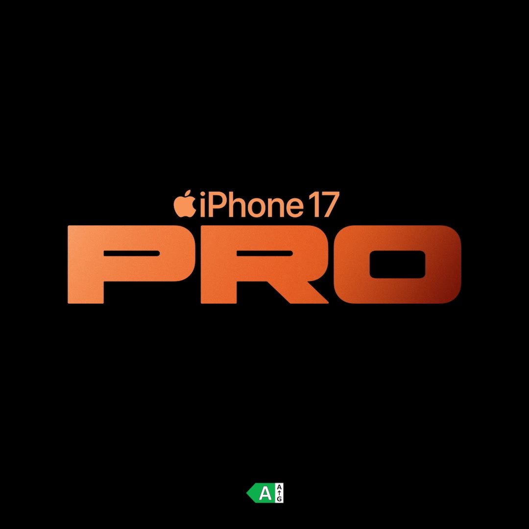 The creative displays the text "iPhone 17 PRO" in a large, bold, orange font against a black background. The Apple logo is positioned above and to the left of "iPhone 17". Below the main text, in the bottom right corner, is a small green and white energy efficiency rating label with the letters "A" and "G" inside it. The overall design is minimalist and focuses on the product name and branding.