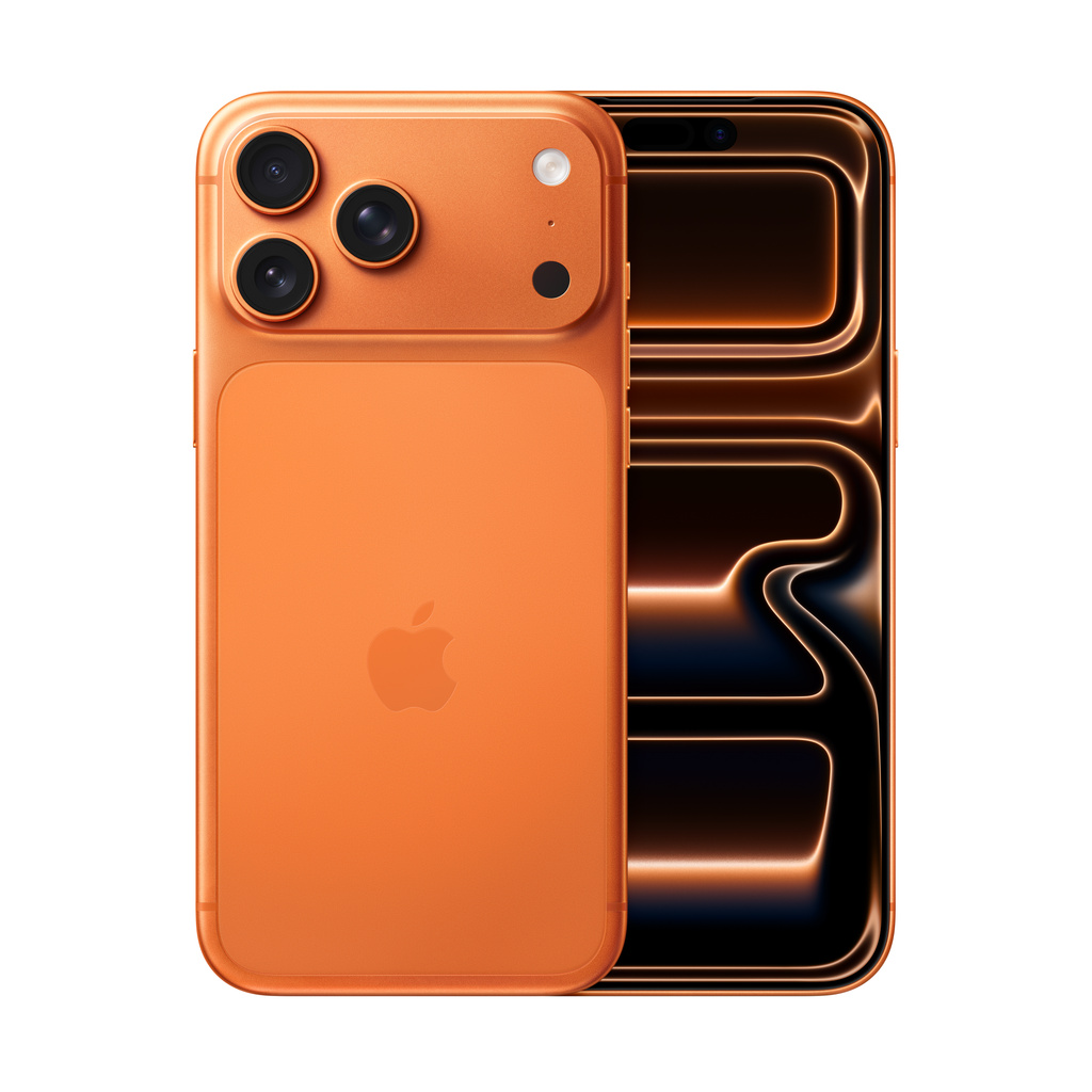 The creative displays two iPhones side-by-side against a white background. The iPhone on the left is shown from the back, featuring an orange casing and a triple-lens camera system. The iPhone on the right is shown from the front, with its screen displaying an abstract, glowing orange and dark blue design. There is no text on the creative itself.