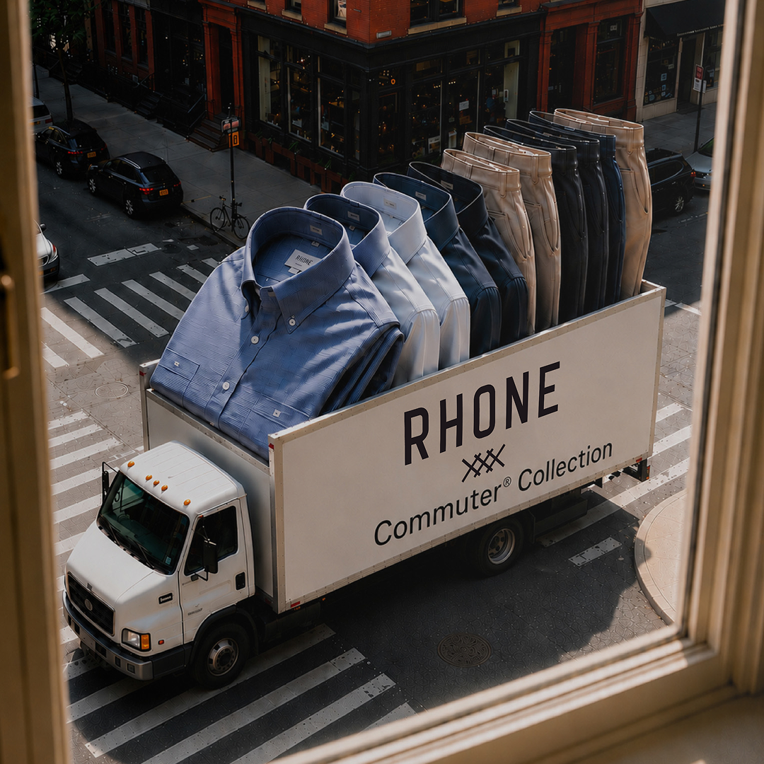 An aerial view shows a white delivery truck with the Rhone logo and "Commuter Collection" text on its side. The truck bed is filled with neatly folded men's dress shirts and pants in various colors, arranged in a row. The truck is stopped at a street intersection in a city, with buildings and cars visible in the background. The text "The commute doesn't care what you wear. Commuter® does. See what’s new." is overlaid on the image.