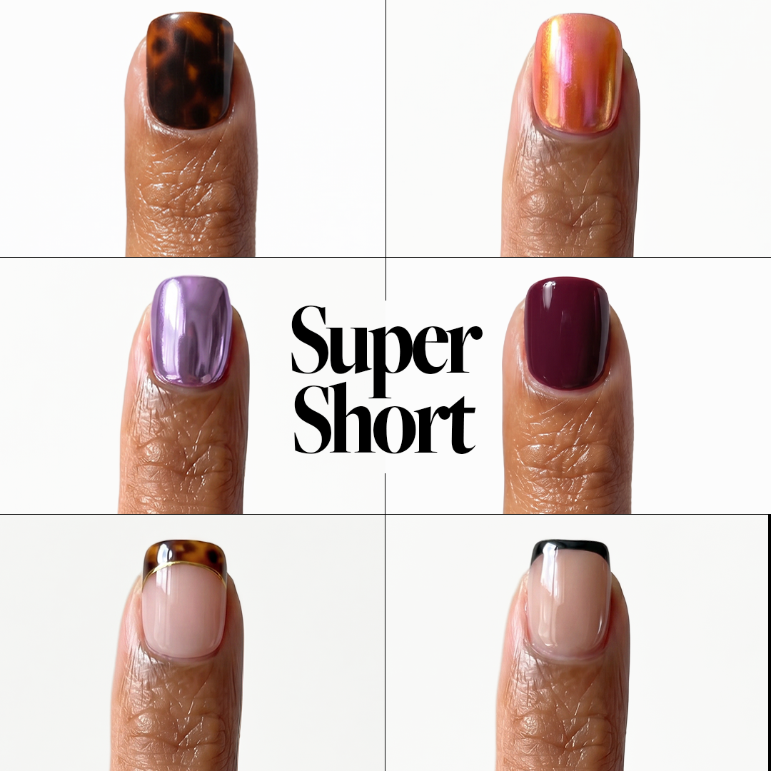 A collage of four close-up images of fingers with different nail styles. The text "Super Short" is displayed prominently in the center of the collage. The top left shows a tortoiseshell pattern nail. The top right shows an iridescent orange and pink nail. The bottom left shows a metallic purple nail. The bottom right shows a deep burgundy nail. The overall presentation highlights various short nail designs.