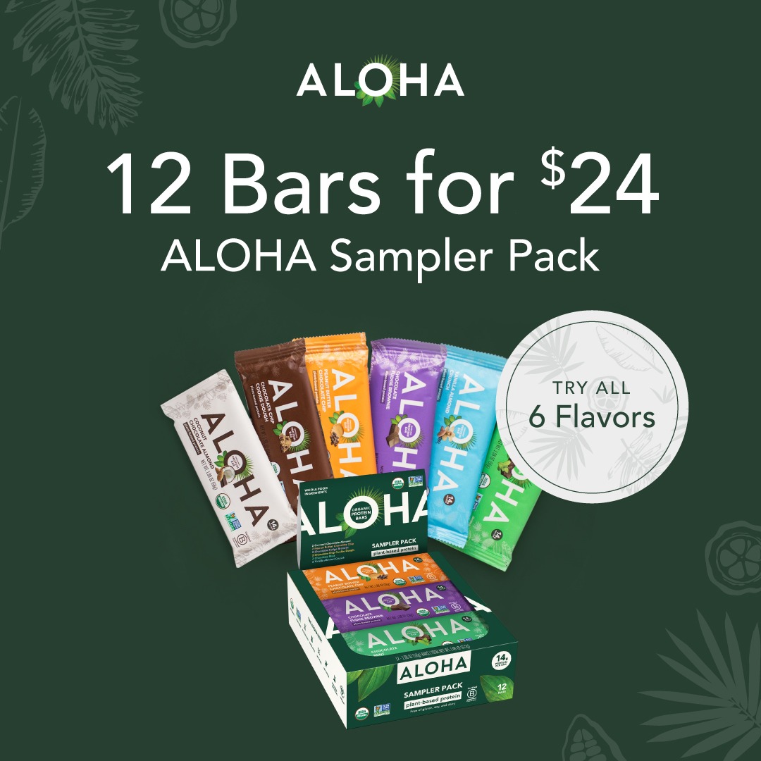 A dark green background features the ALOHA logo at the top. Below it, large white text reads "12 Bars for $24" and "ALOHA Sampler Pack." A collection of ALOHA protein bars in various flavors are arranged in front of a box of the same product. To the right, a circular graphic with a leaf pattern contains the text "TRY ALL 6 Flavors."