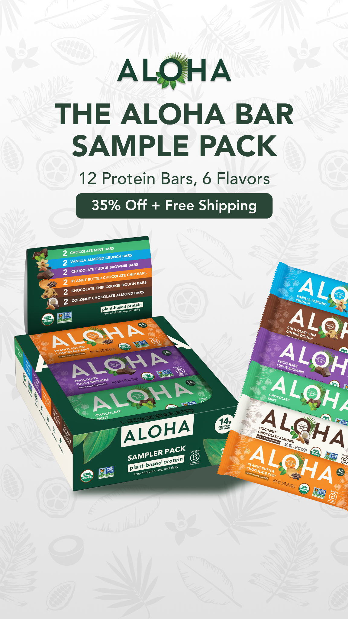 A product shot of Aloha protein bars is displayed. The background is a light green with a subtle pattern of tropical leaves and fruits. Prominently featured is a box of Aloha protein bars, with individual bars arranged in front of it. Text overlays highlight the product name, 'THE ALOHA SAMPLE PACK', and details like '12 Protein Bars, 6 Flavors'. A dark green banner at the bottom announces the offer: '35% Off + Free Shipping'.