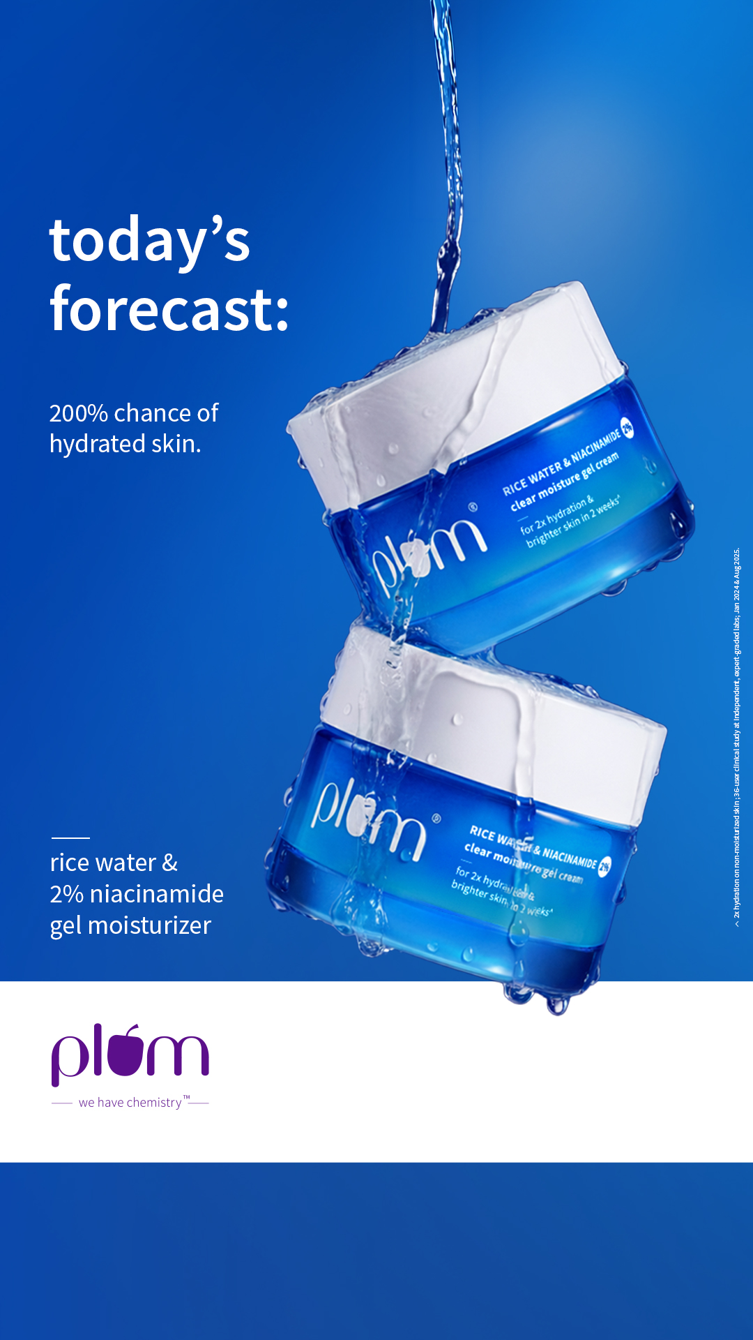 Two blue jars of Plum Rice Water & Niacinamide clear moisture gel cream are stacked, with water pouring over them. White text on the left side of the image reads "today's forecast:" followed by "200% chance of hydrated skin." Below the jars, the text "rice water & 2% niacinamide gel moisturizer" is visible. The Plum logo is at the bottom left. The product jars have text indicating they are for "2x hydration & brighter skin in 2 weeks."