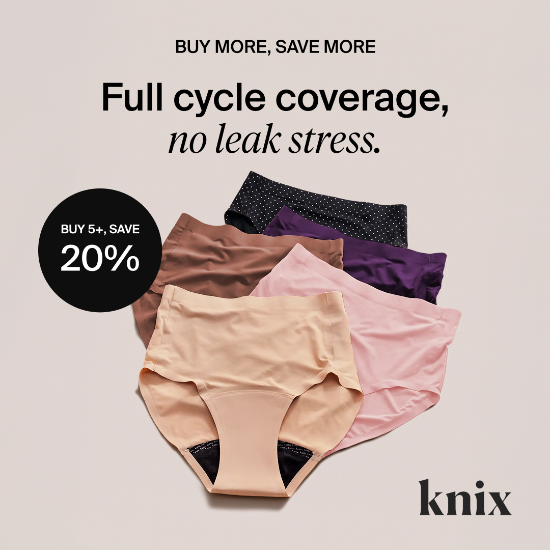 A pile of Knix underwear in various colors and patterns is shown against a neutral background. A black circle on the left side of the image contains white text that reads "BUY 5+, SAVE 20%". Above the underwear, large text states "BUY MORE, SAVE MORE" and "Full cycle coverage, no leak stress.". The Knix logo is visible in the bottom right corner.