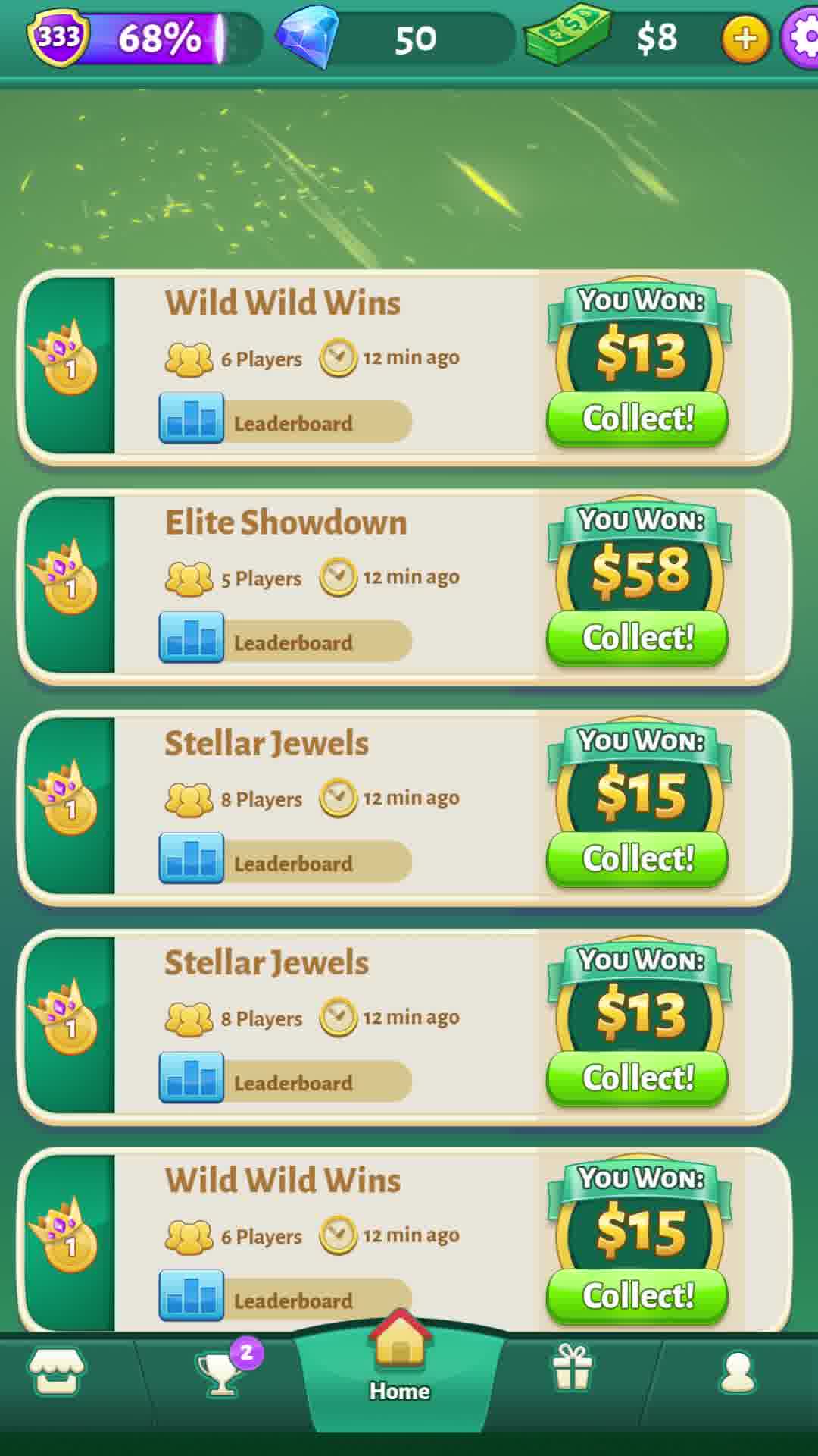 The creative displays a mobile game interface, showcasing a list of completed matches with winnings. Each entry shows the game title, number of players, time elapsed, and the amount won, with a 'Collect!' button. The top of the screen shows game currency and progress. The overall visual suggests a Solitaire game where players can win cash prizes.