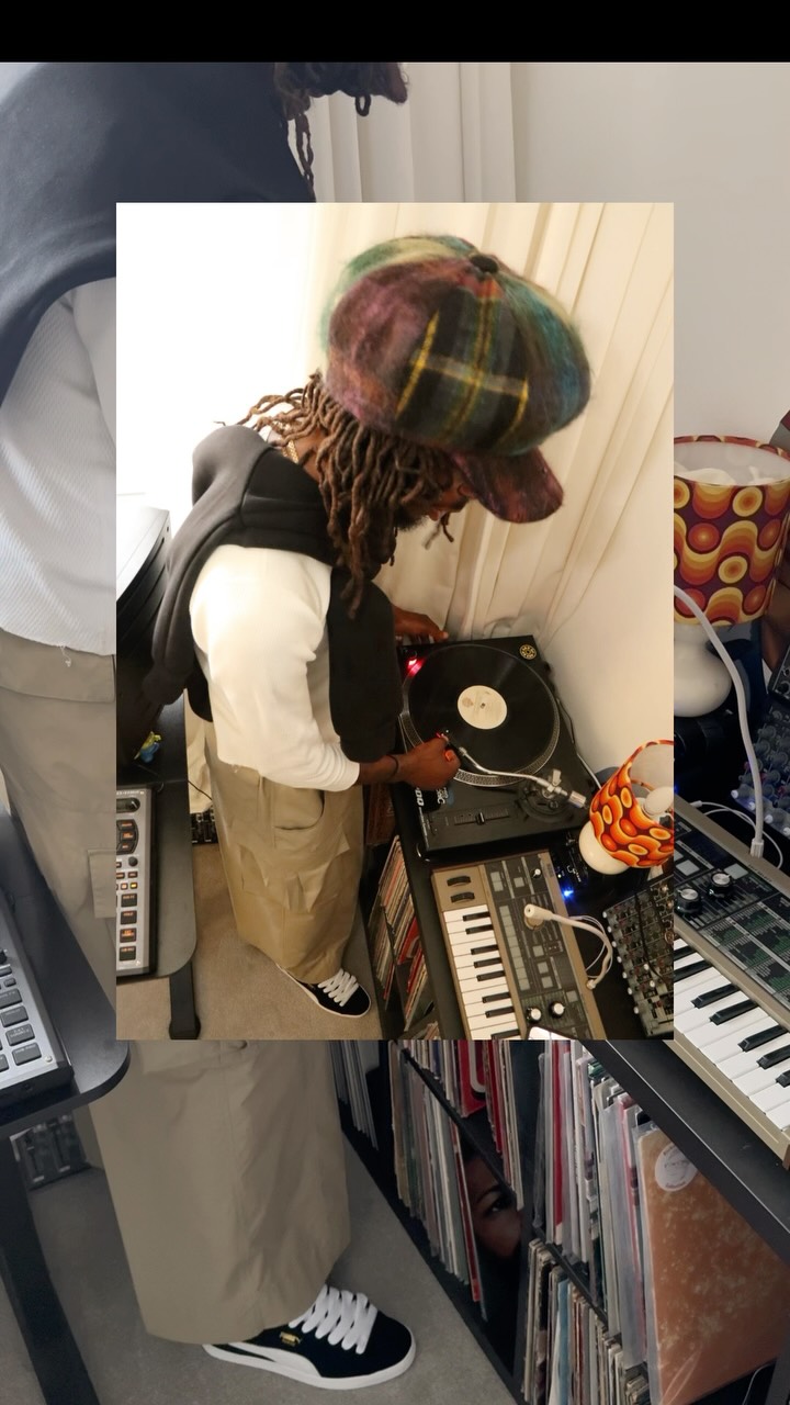 A person wearing a plaid cap and a white long-sleeved shirt with a black hoodie draped over their shoulders is standing in front of a turntable, appearing to DJ. The image is a collage, with the main subject in the center and parts of their legs and feet visible on the left and bottom. Text overlays include "step away from tha noise." and "get back to what inspires u."