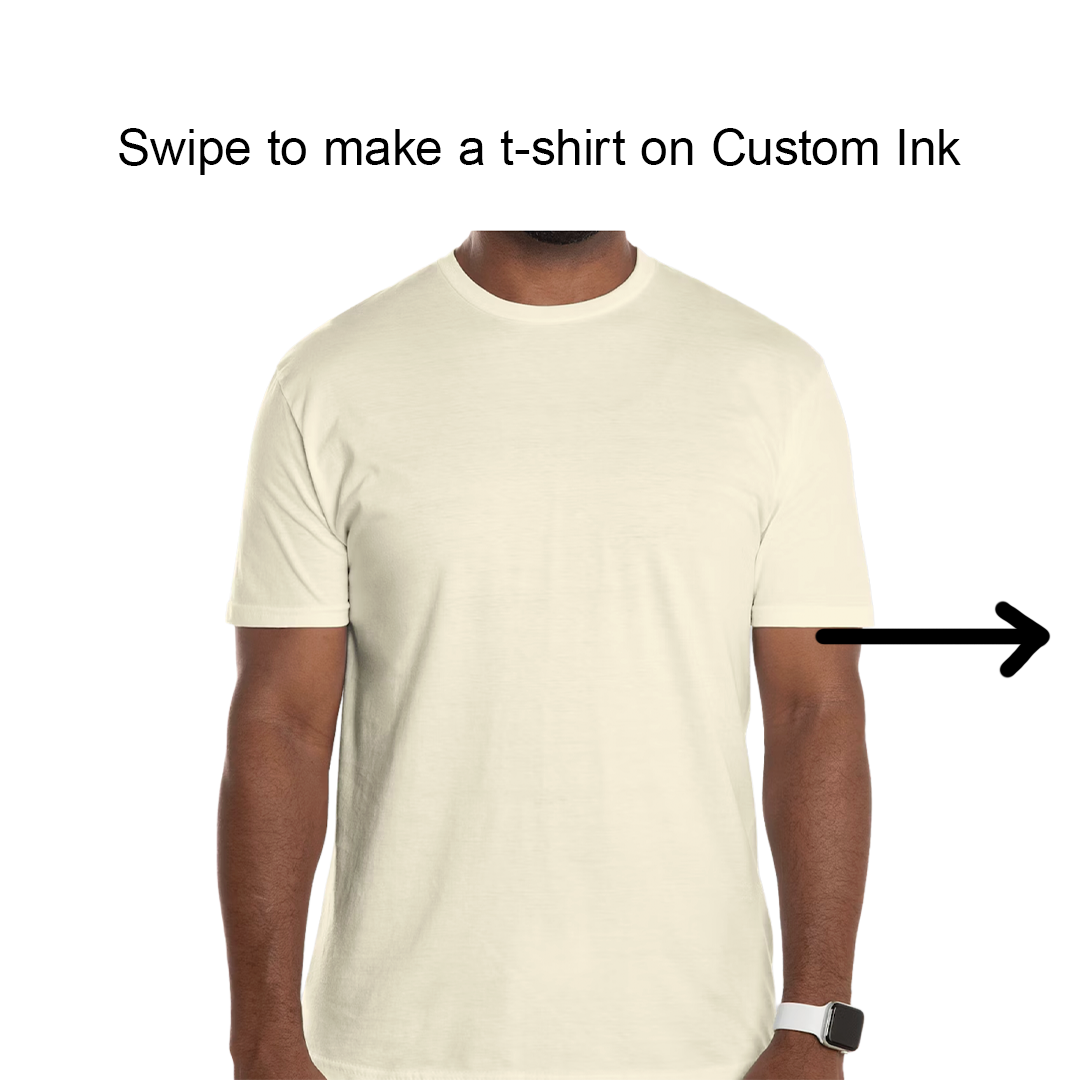 A plain cream-colored t-shirt is shown on a person against a white background. Black text overlaying the top of the image reads "Swipe to make a t-shirt on Custom Ink." A black arrow points from the right side of the t-shirt towards the right edge of the frame, indicating a swipe action. The creative is designed to encourage users to interact with the ad to customize a t-shirt.