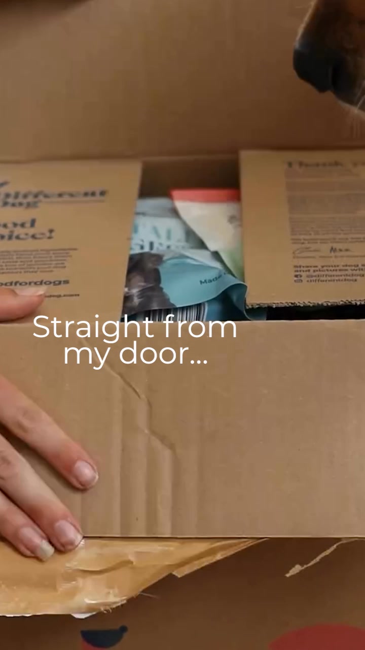 A person is opening a cardboard box, revealing dog food products inside. A dog's nose is visible in the top right corner of the frame. White text overlaid on the image reads "Straight from my door...". The creative uses a customer testimonial to highlight the convenience of receiving the product directly at home and the positive impact it has on the dog's eating habits.