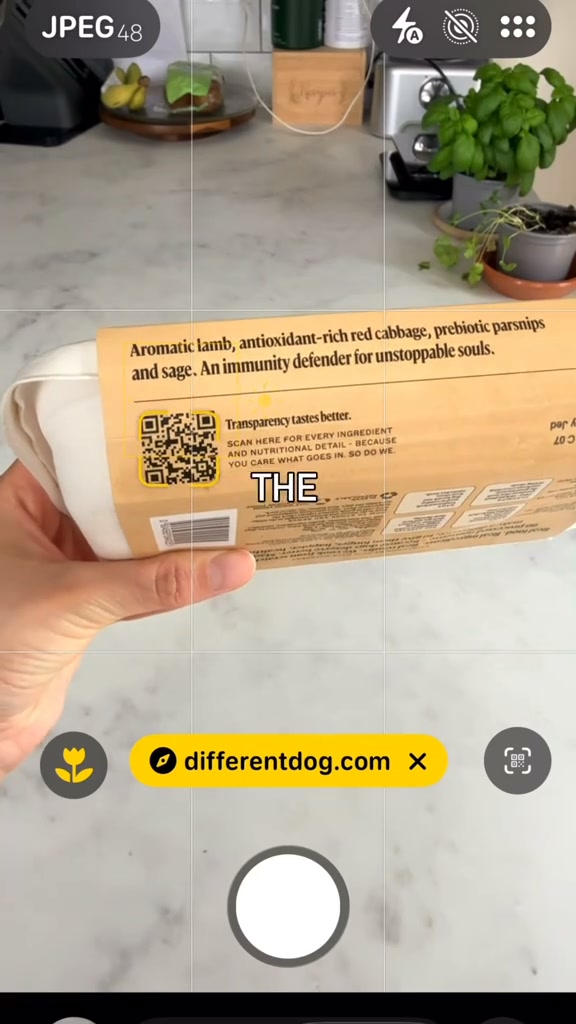 The image shows a hand holding a package of dog food with text overlayed. The text reads, "Aromatic lamb, antioxidant-rich red cabbage, prebiotic parsnips and sage. An immunity defender for unstoppable souls." Below that, it says, "Transparency tastes better. Scan here for every ingredient and nutritional detail - because you care what goes in. So do we." A QR code is visible on the package. The hook is "I'm checking the ingredients on most things these days, and this includes the dog food." The ad also features a website URL and a discount code.