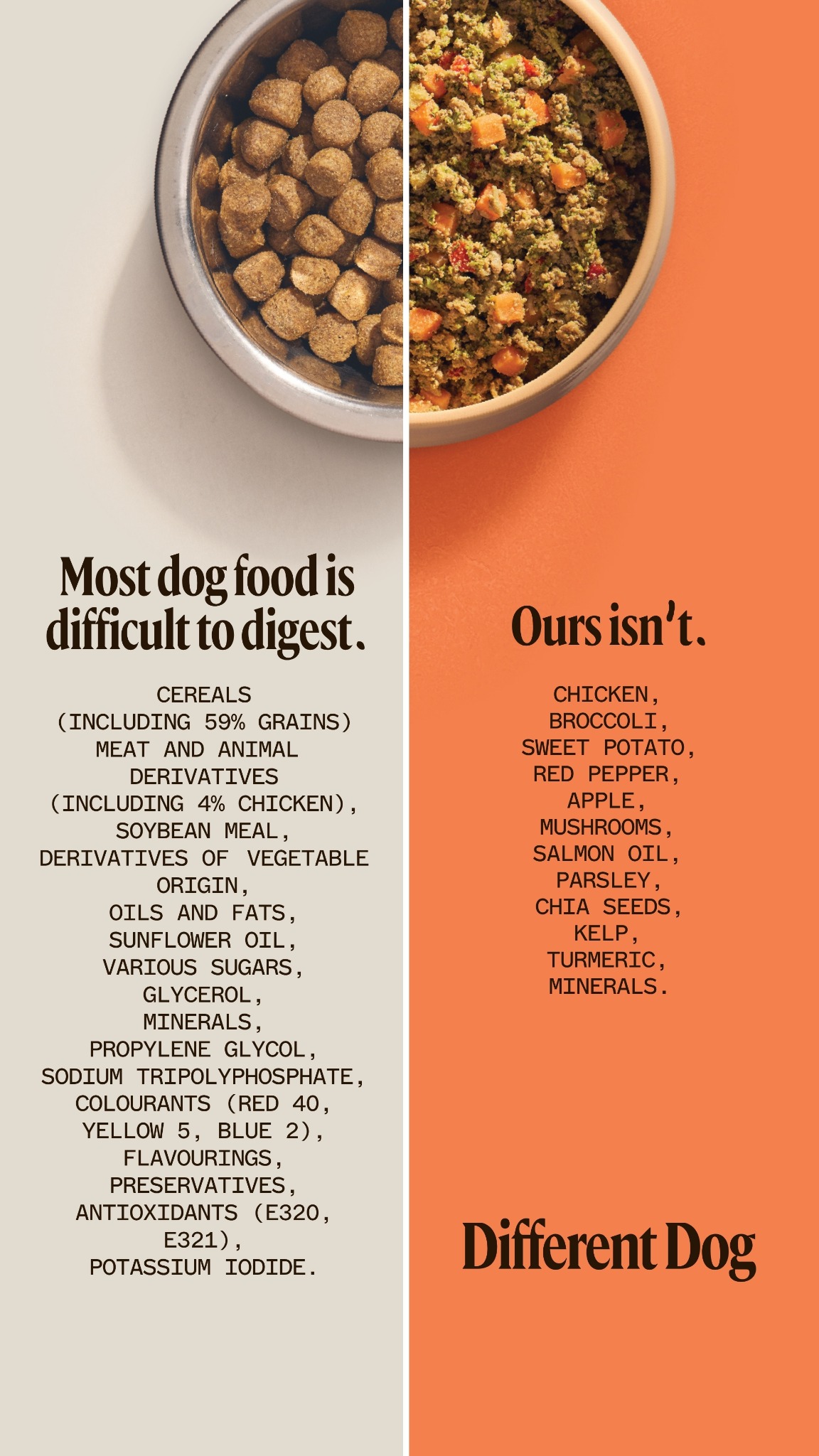 The creative is split vertically down the middle. The left side has a light beige background and shows a metal bowl filled with dry dog kibble. Text on this side lists common, less desirable ingredients found in dog food, such as cereals, meat and animal derivatives, and various sugars. The right side has an orange background and shows a bowl filled with wet dog food containing visible pieces of vegetables like carrots and peppers. Text on this side lists desirable ingredients like chicken, broccoli, sweet potato, and salmon oil. The headline on the left reads "Most dog food is difficult to digest." and on the right "Ours isn't." Below the ingredients on the right, the brand name "Different Dog" is displayed.