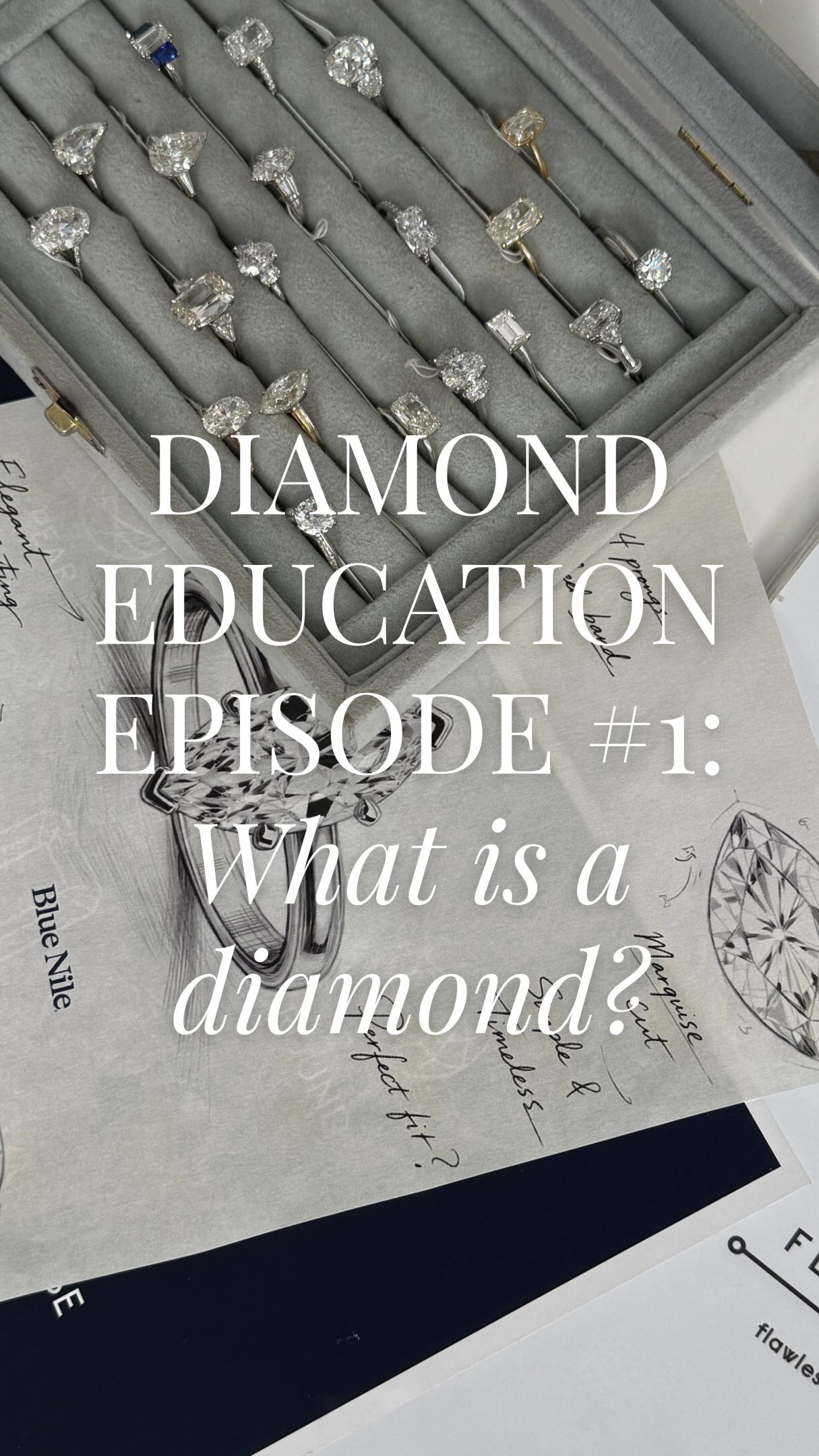 The image displays a collection of diamond rings arranged in a velvet tray. Overlaid on the image is large white text that reads "DIAMOND EDUCATION EPISODE #1: What is a diamond?" Below this, a sketch of a diamond ring is visible, along with technical drawings and handwritten notes related to diamonds. The overall aesthetic is educational and informative, focusing on the details of diamonds.