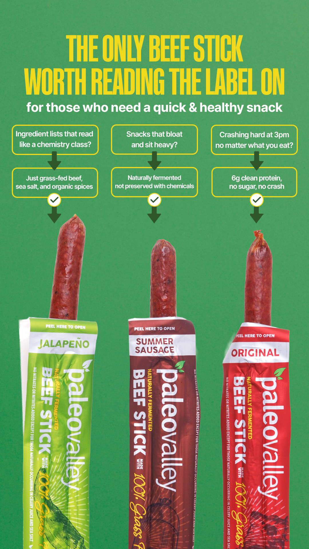 The ad features a green background with large yellow text at the top that reads "THE ONLY BEEF STICK WORTH READING THE LABEL ON". Below this, smaller white text states "for those who need a quick & healthy snack". Three yellow boxes with rounded corners present questions and answers about the product. The bottom of the ad displays three Paleovalley beef sticks in their packaging: Jalapeño, Summer Sausage, and Original. Text overlays on the packaging highlight "Paleovalley Beef Stick" and "100% Grass Fed".
