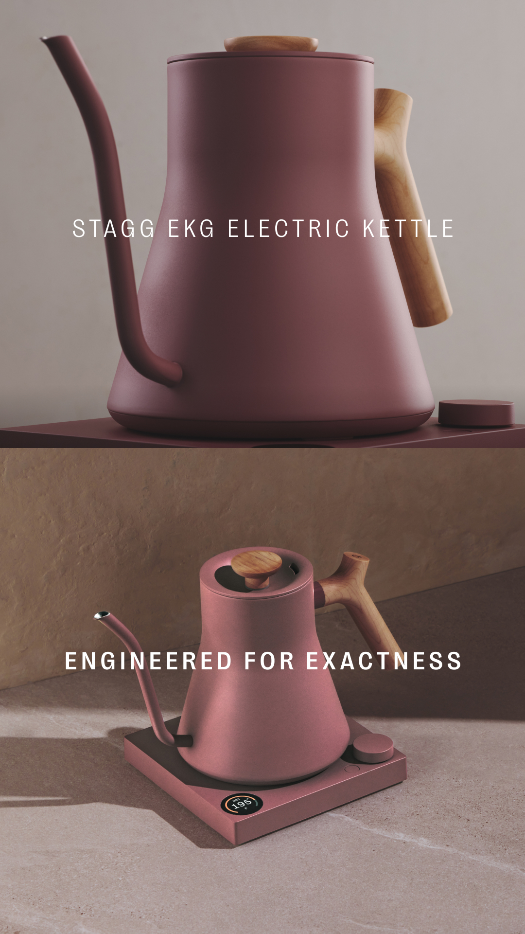 The creative features a split image of a matte rose gold electric kettle. The top half shows the kettle from the side, with the text "STAGG EKG ELECTRIC KETTLE" overlaid in white. The bottom half shows the kettle from a slightly elevated angle, placed on its charging base, with the text "ENGINEERED FOR EXACTNESS" overlaid in white. The kettle has a wooden handle and lid knob, and the base has a digital display showing "195" degrees.