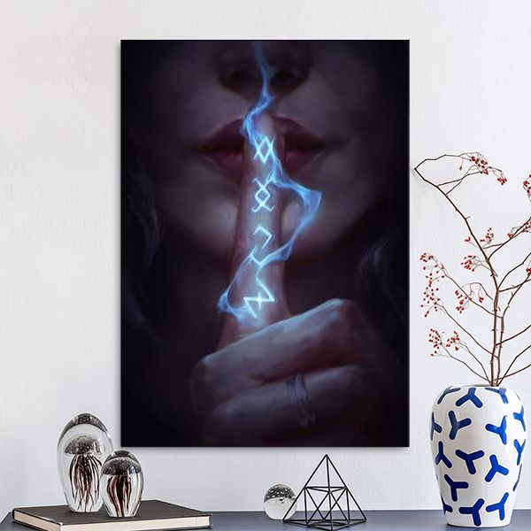 An illustration depicts a close-up of a person's face, with their finger held up to their lips in a shushing gesture. Blue, glowing runes are superimposed on the finger, emitting wisps of light. The text "True collectors never settle." is displayed prominently at the top of the image, followed by "A unique metal poster designed for the 21st century." and "Premium quality, easy setup." The overall aesthetic is dark and mystical, with a focus on the glowing runes and the gesture of secrecy.