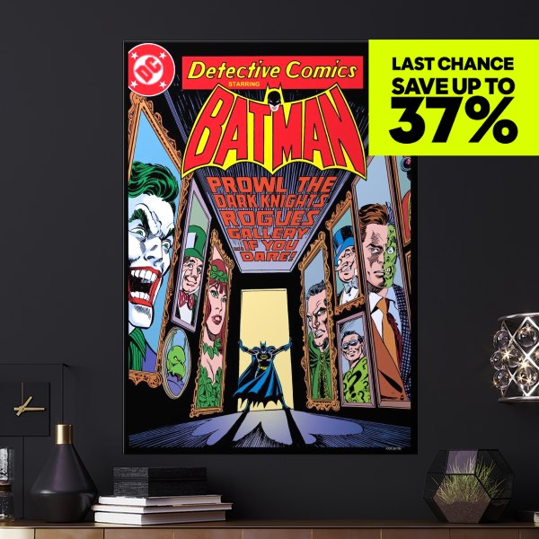 The creative features the cover of Detective Comics #475, starring Batman, with various villains like the Joker and Two-Face depicted in framed portraits. A bright yellow banner in the top right corner prominently displays "LAST CHANCE SAVE UP TO 37%", indicating a limited-time promotional offer.