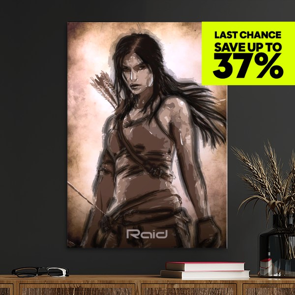 An illustration depicts a woman with a bow and arrows, in a style reminiscent of a video game character. A bright yellow graphic overlay in the top right corner announces "LAST CHANCE SAVE UP TO 37%". The word "Raid" is visible at the bottom of the illustration. The overall aesthetic is dark and dramatic, with a textured background.