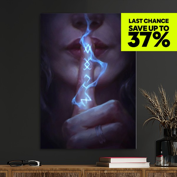 An illustration depicts a close-up of a person's lips and finger held to their lips in a shushing gesture. Blue, glowing runes are superimposed on the finger, emitting wisps of smoke. A bright yellow banner in the upper right corner contains the text "LAST CHANCE SAVE UP TO 37%" in bold black lettering.