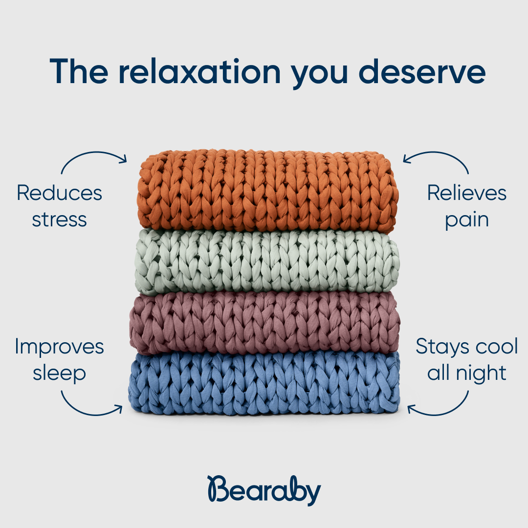A stack of four thick, knitted blankets in different colors (orange, mint green, dusty rose, and blue) is shown against a plain grey background. Text overlays point to the blankets, highlighting benefits such as 'Reduces stress', 'Improves sleep', 'Relieves pain', and 'Stays cool all night'. The brand logo 'Bearaby' is visible at the bottom center.