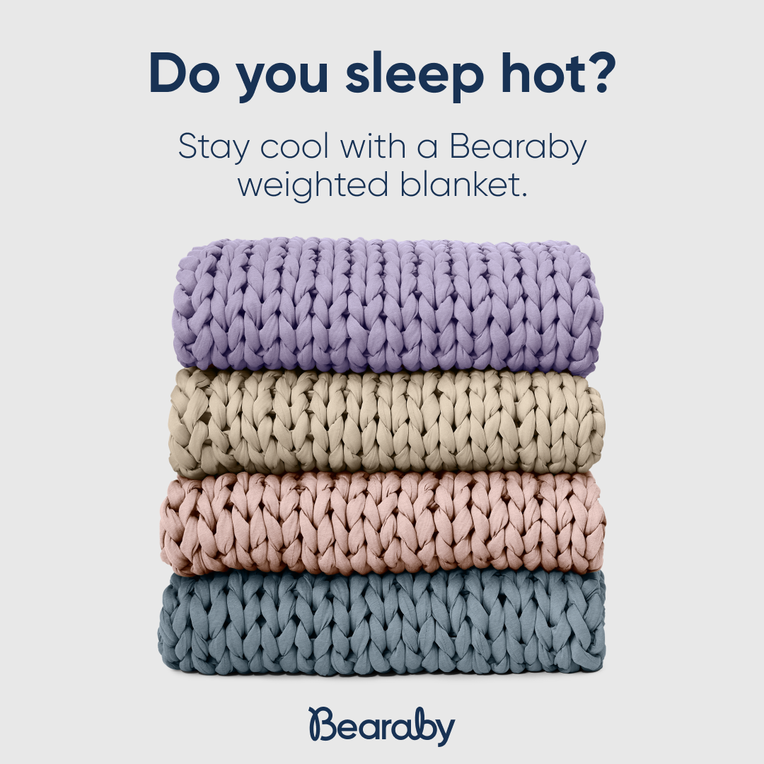 A stack of four Bearaby weighted blankets in different colors (lavender, beige, blush pink, and slate blue) is shown against a plain grey background. The text "Do you sleep hot?" is displayed prominently in dark blue at the top of the image, followed by the smaller text "Stay cool with a Bearaby weighted blanket." The Bearaby logo is visible at the bottom center of the image.