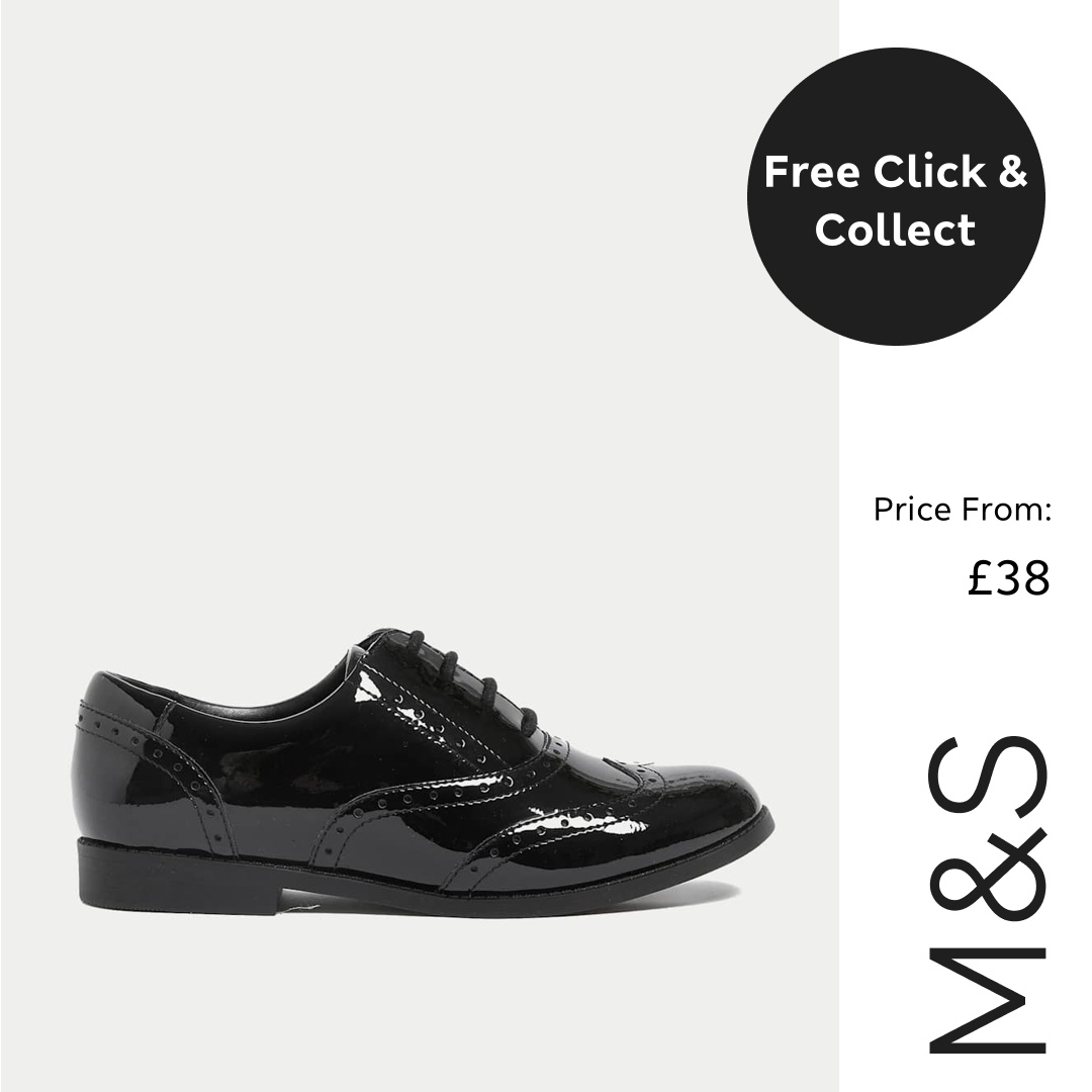 A black, patent leather, lace-up shoe is shown from the side against a plain grey background. To the right of the shoe, a black circle contains white text that reads "Free Click & Collect". Below this, the text "Price From: £38" is displayed. Further down, the M&S logo is shown vertically in white text.