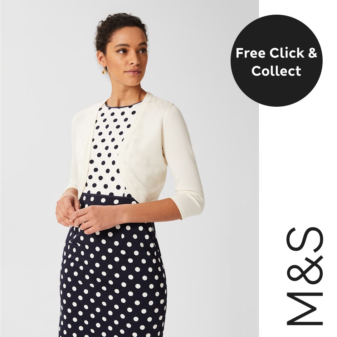 A woman models a navy blue dress with white polka dots, layered with a cream-colored cropped cardigan. A black circle graphic overlay on the right side of the image contains white text that reads "Free Click & Collect". The M&S logo is positioned vertically on the far right side of the image. The ad copy prompts the viewer to consider items waiting to be added to their wardrobe.