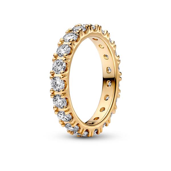 A close-up studio shot of a gold ring encrusted with clear, round-cut stones. The ring is presented against a plain white background, allowing the sparkle and detail of the jewelry to be the sole focus. The on-screen text, "A gift from the heart lasts forever", is overlaid on the image, aiming to evoke feelings of enduring love and sentiment.