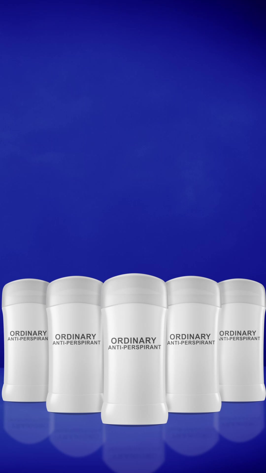 A clean, studio shot features five white deodorant sticks from "The Ordinary" brand lined up against a vibrant blue background. The product name and "ANTI-PERSPIRANT" are clearly visible on each stick. The lighting is bright, highlighting the smooth texture of the packaging and creating reflections on the glossy blue surface below. There is no text overlay or explicit offer presented within the visual itself.