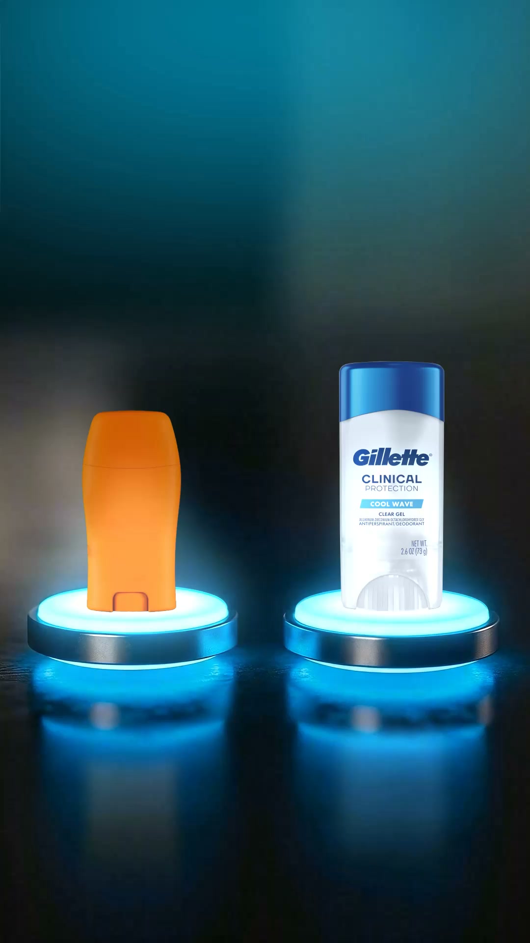 Two antiperspirant sticks are displayed on separate, illuminated pedestals against a dark, gradient background. The stick on the left is orange and unbranded. The stick on the right is a Gillette Clinical Protection product with a blue cap and white body, clearly displaying the brand name and product details. The text "Level up your sweat protection with Gillette Clinical Antiperspirant." is overlaid on the image.