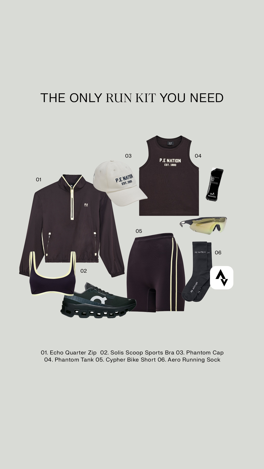 A flat lay of running apparel and accessories is displayed against a light grey background. The items are numbered from 01 to 06 and include a dark brown quarter-zip jacket, a matching sports bra, a white baseball cap, a dark brown tank top, black bike shorts, black running socks, and a pair of black running shoes. A small black energy gel packet and yellow-tinted sunglasses are also included. The headline "THE ONLY RUN KIT YOU NEED" is prominently displayed at the top of the image. Below the items, a list details each product by number and name: "01. Echo Quarter Zip 02. Solis Scoop Sports Bra 03. Phantom Cap 04. Phantom Tank 05. Cypher Bike Short 06. Aero Running Sock."