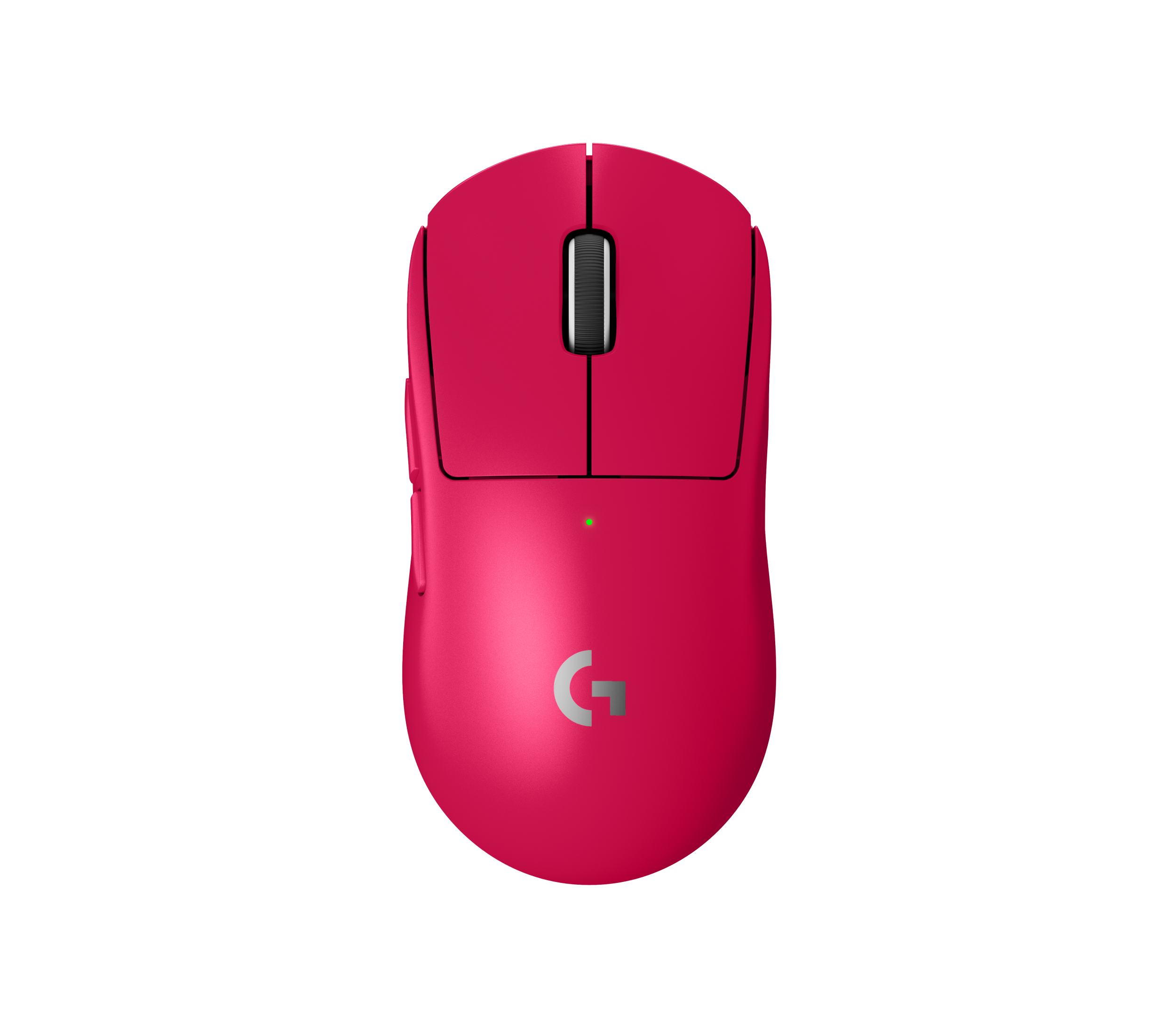 A bright pink Logitech G gaming mouse is shown from a top-down perspective against a pure white background. The Logitech G logo is visible in silver on the body of the mouse. The text "Révélez tout votre potentiel avec les équipements gaming Logitech G PRO Series. Conçus avec des professionnels. Pensés pour la victoire." is overlaid on the image. The overall impression is one of sleek design and high performance for gamers.