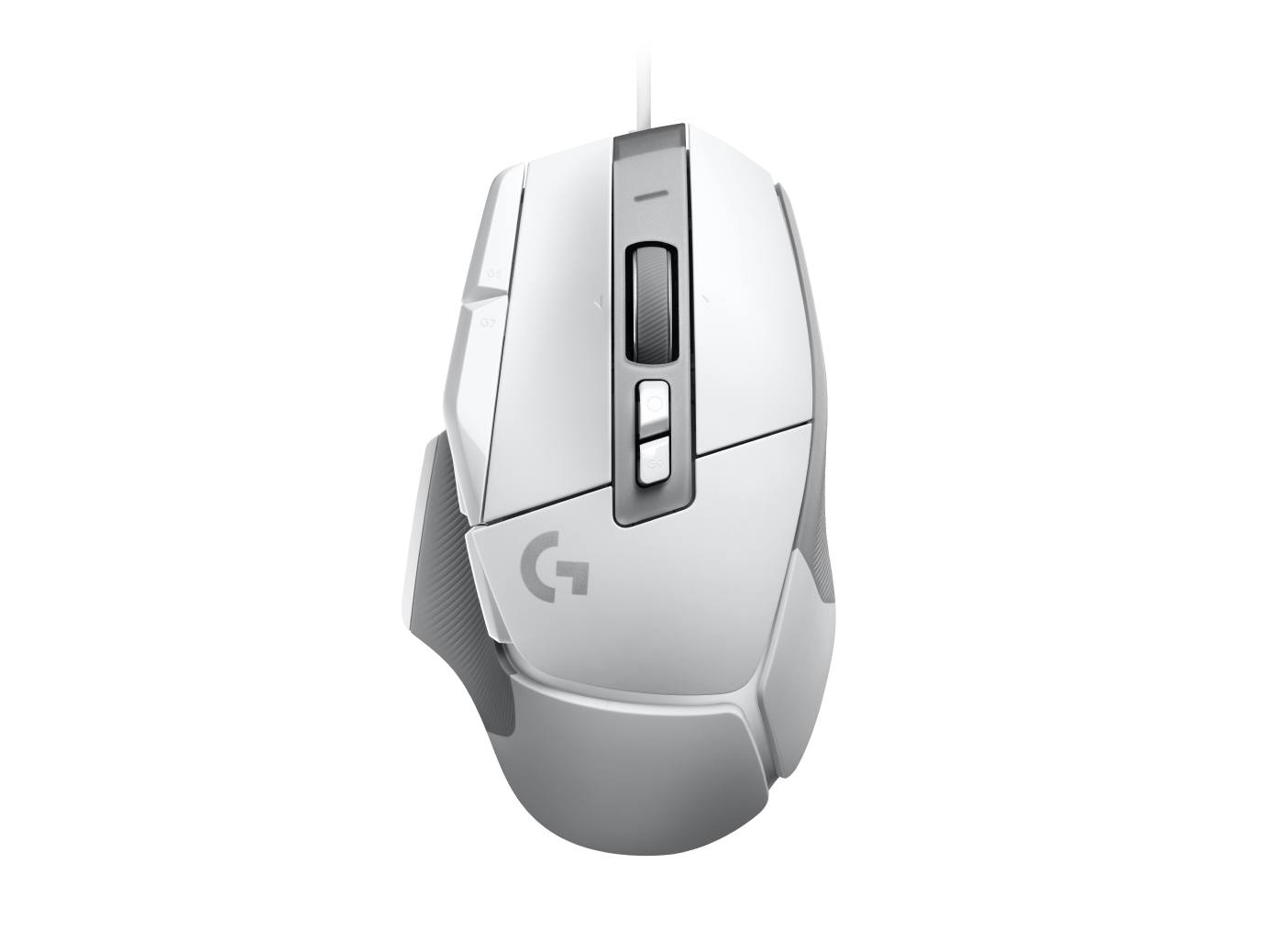 A clean, high-angle studio shot of a white Logitech G gaming mouse against a plain white background. The mouse is angled slightly, showcasing its ergonomic design and prominent buttons. The Logitech 'G' logo is visible on the body of the mouse. The on-screen text, in French, reads 'Élevez votre gaming avec Logitech G - équipement conçu pour améliorer n'importe quel set up.', which translates to 'Elevate your gaming with Logitech G - equipment designed to enhance any setup.' The creative focuses on the product itself, highlighting its aesthetic and implying an improvement to the gaming experience.